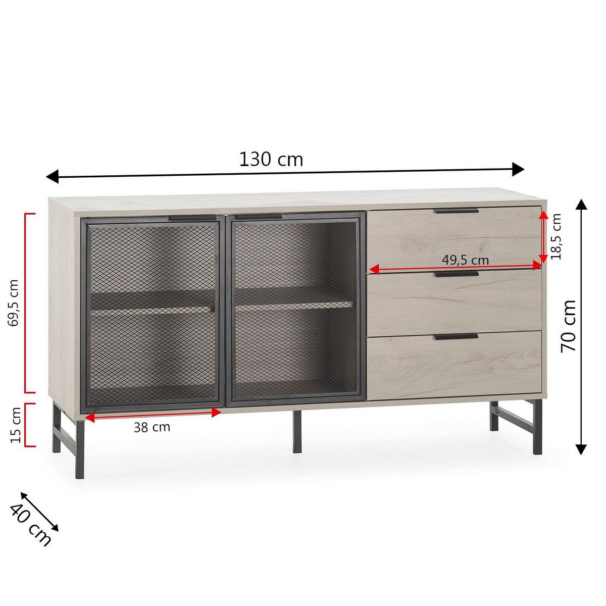 VS VENTA-STOCK Buffet Isis 2 portes en métal noir et 3 tiroirs, 130 cm
