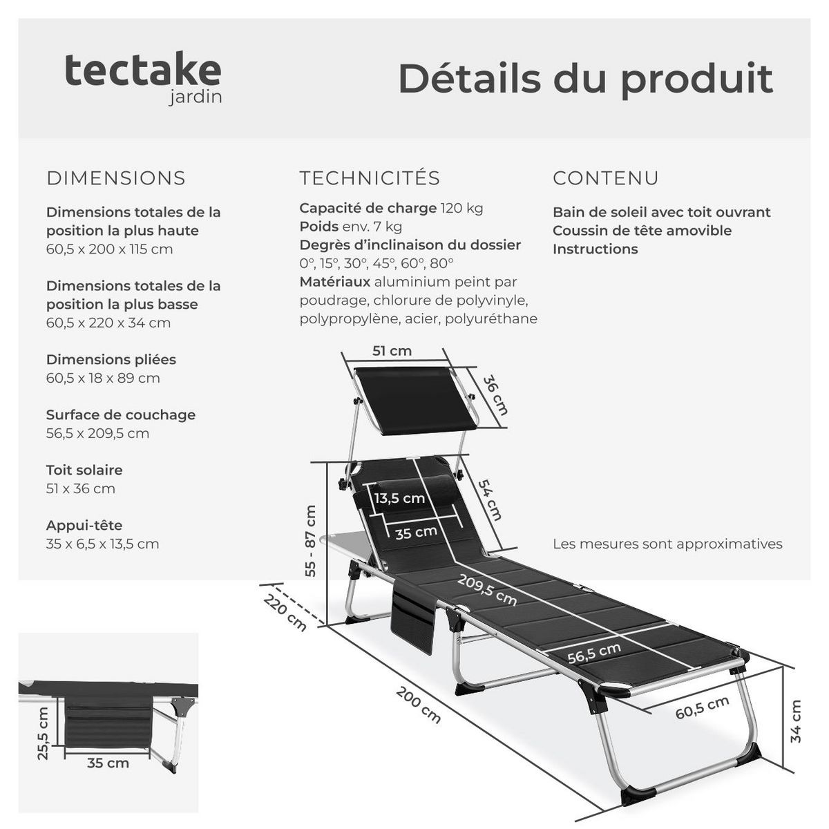 tectake Bain de soleil rembourré et pliable noir