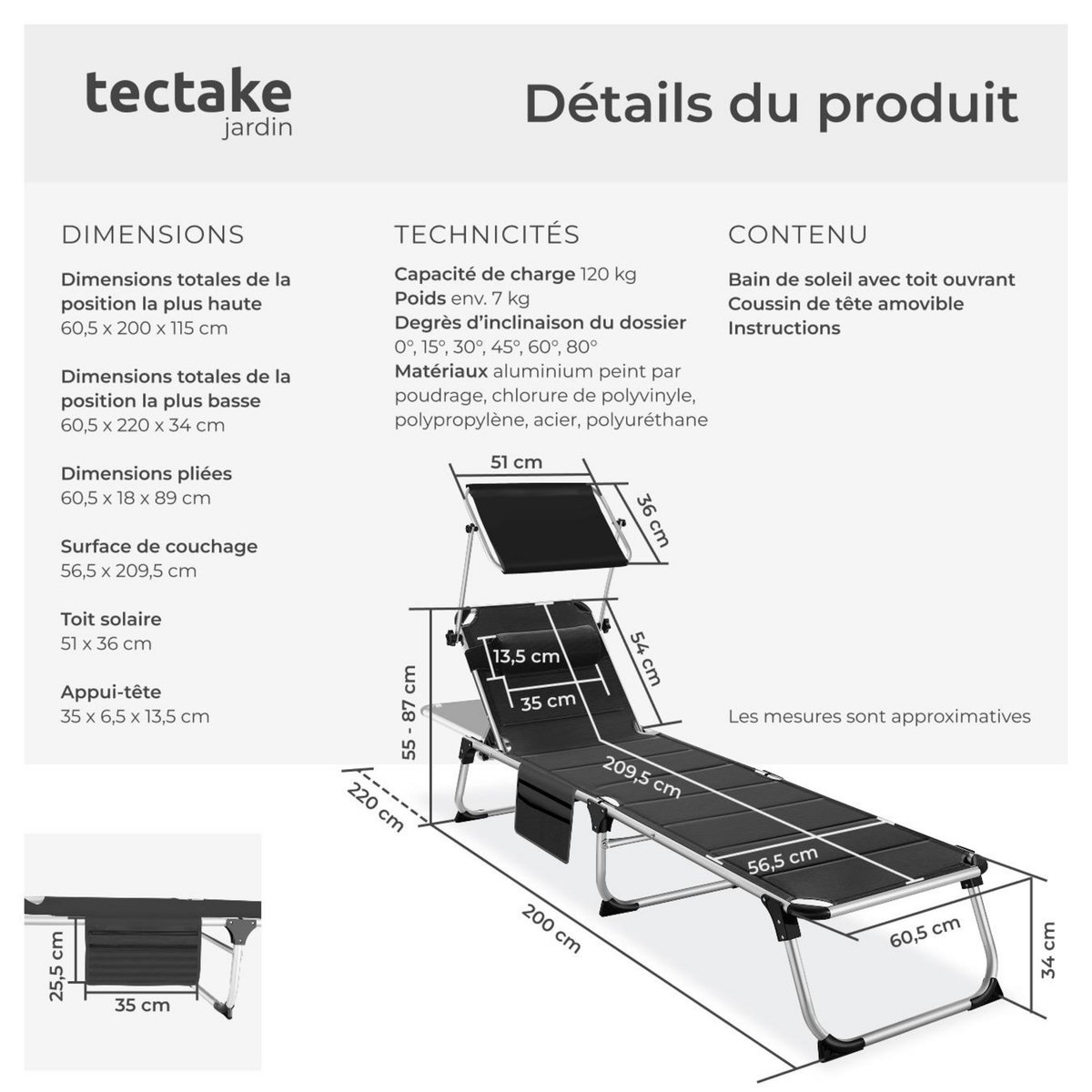 tectake Bain de soleil rembourré et pliable noir