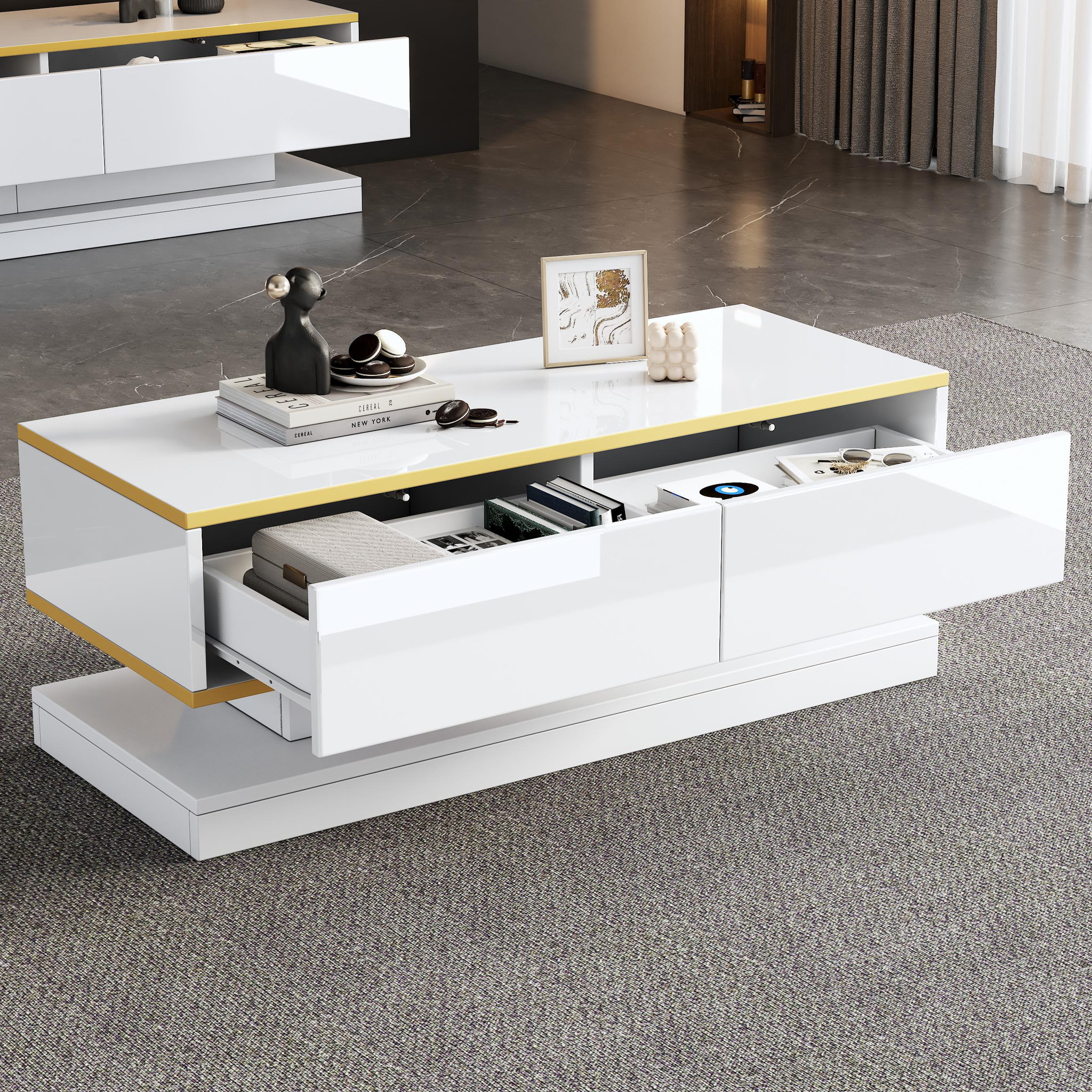 Voir la diapositive 2 : MERAX Table basse rectangulaire blanc avec 2 tiroirs - 50x100 cm panneau de particules