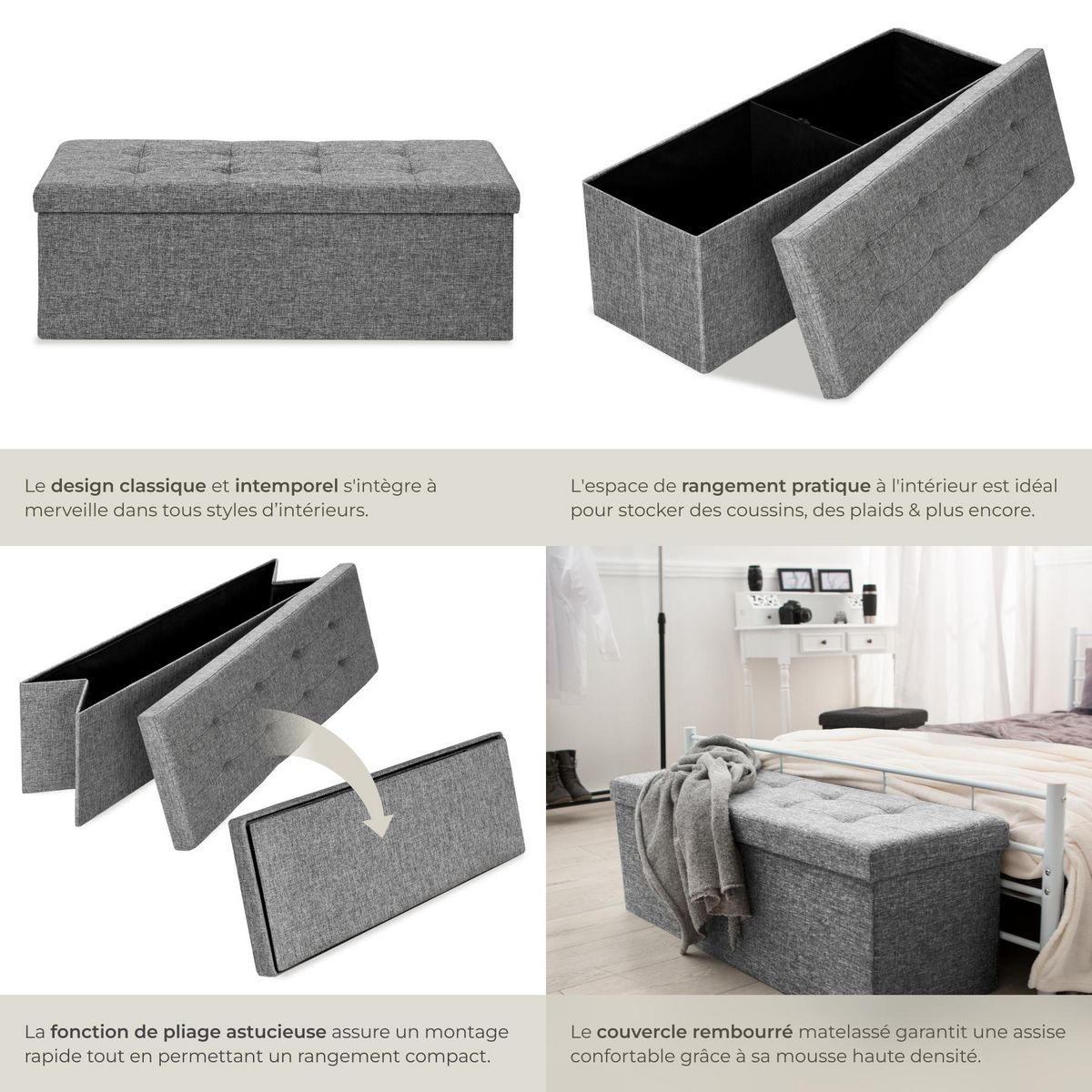 tectake Tabouret avec espace de rangement pliable gris clair