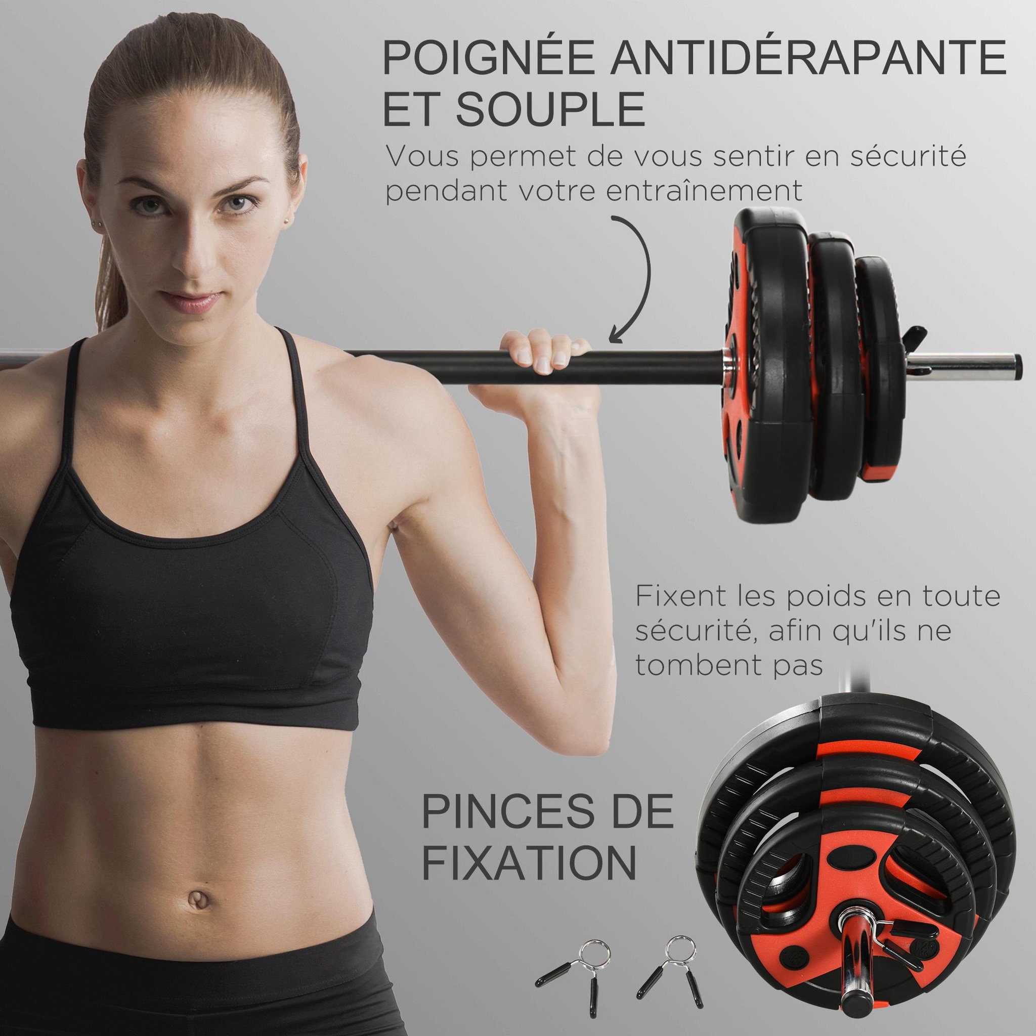 Voir la diapositive 6 : HOMCOM Kit pump 20 kg - barre et poids de musculation 1,40 m 27 mm - sets de barre de musculation - noir rouge