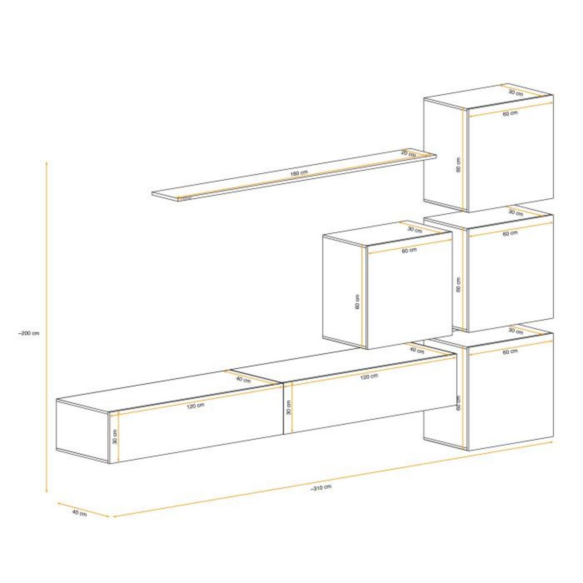 Paris Prix Meuble TV Mural Design  Switch IX  310cm Noir & Naturel