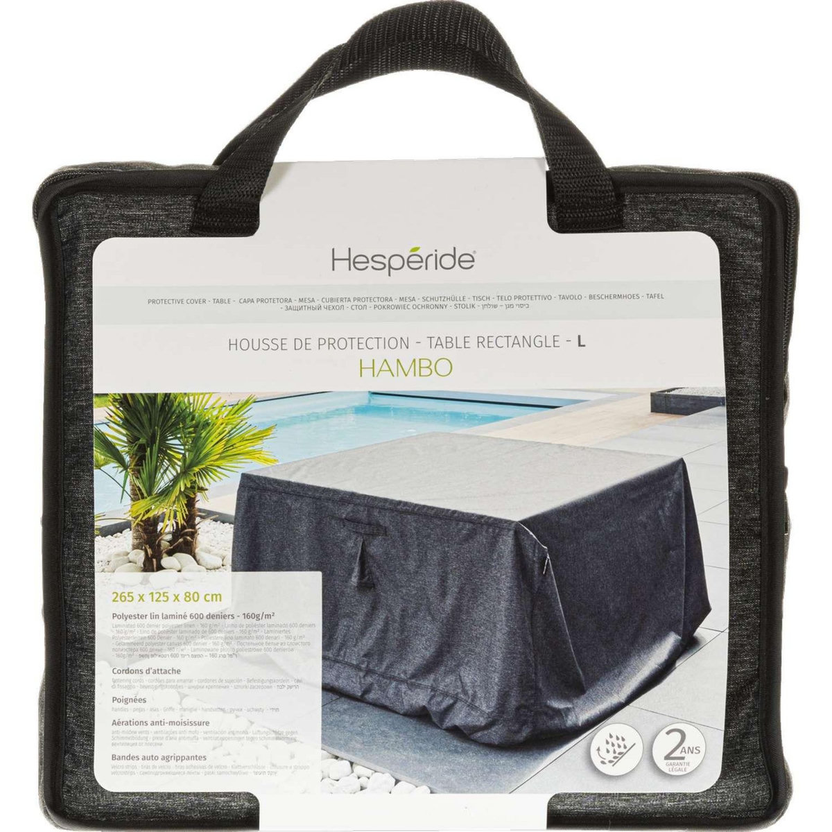 HESPERIDE Housse de table rectangulaire L - 265 x 125 x 80 cm - Gris foncé