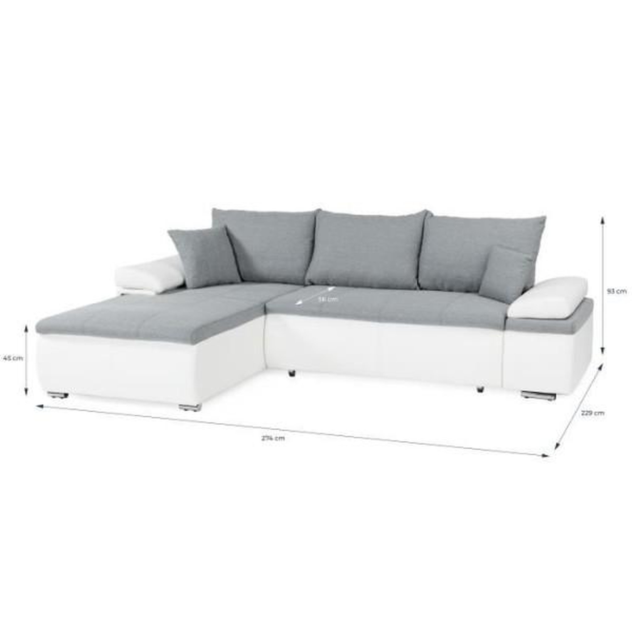 Voir la diapositive 4 : MARKET24 Canapé d'angle réversible convertible 3 places+Coffre - Simili blanc et tissu gris - CELINA - L 274 x P 184 cm - Fabriqué en