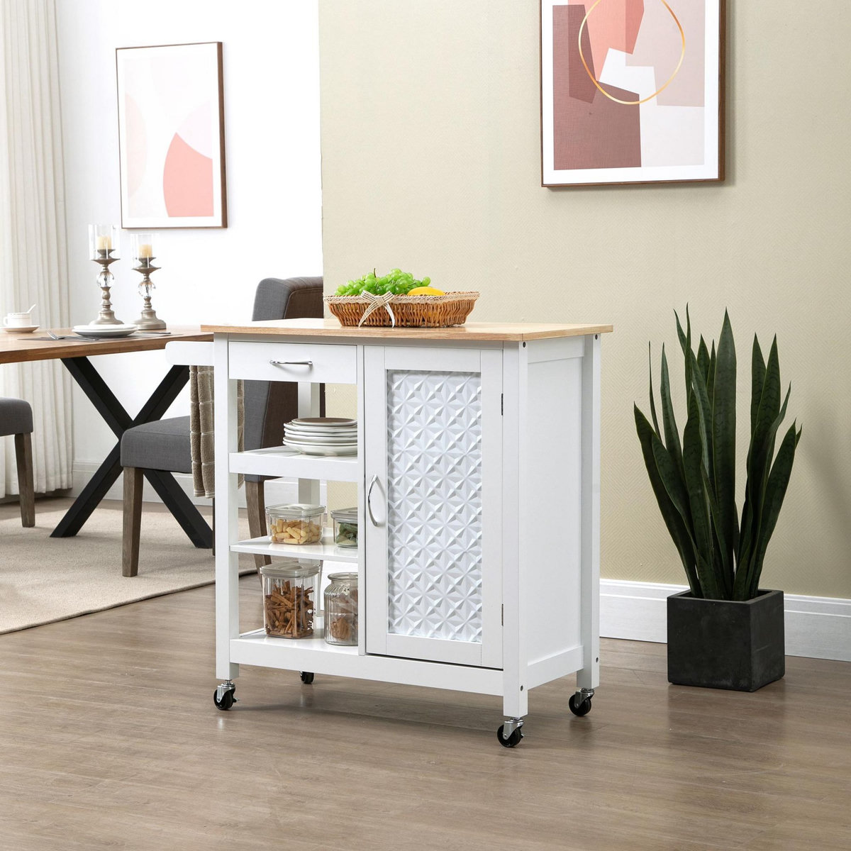 HOMCOM Desserte de cuisine style contemporain - porte, tiroir, 3 étagères - poignées métal MDF blanc plateau bois pin