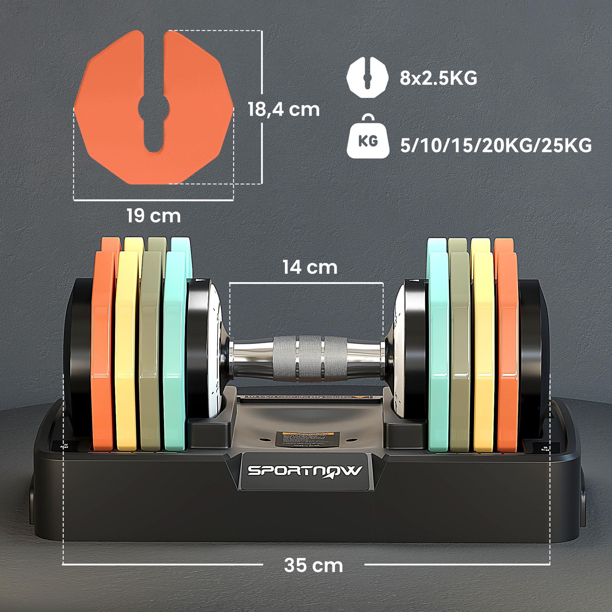 Voir la diapositive 3 : HOMCOM Haltère réglable 5kg min. 25kg max. Socle rangement inclus multicolore
