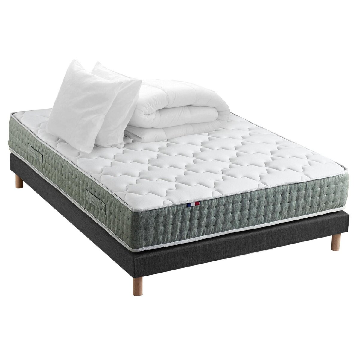 IDLITERIE Ensemble matelas Ressort 7 zones HYGGE + Sommier + couette + oreillers Fabriqué en France