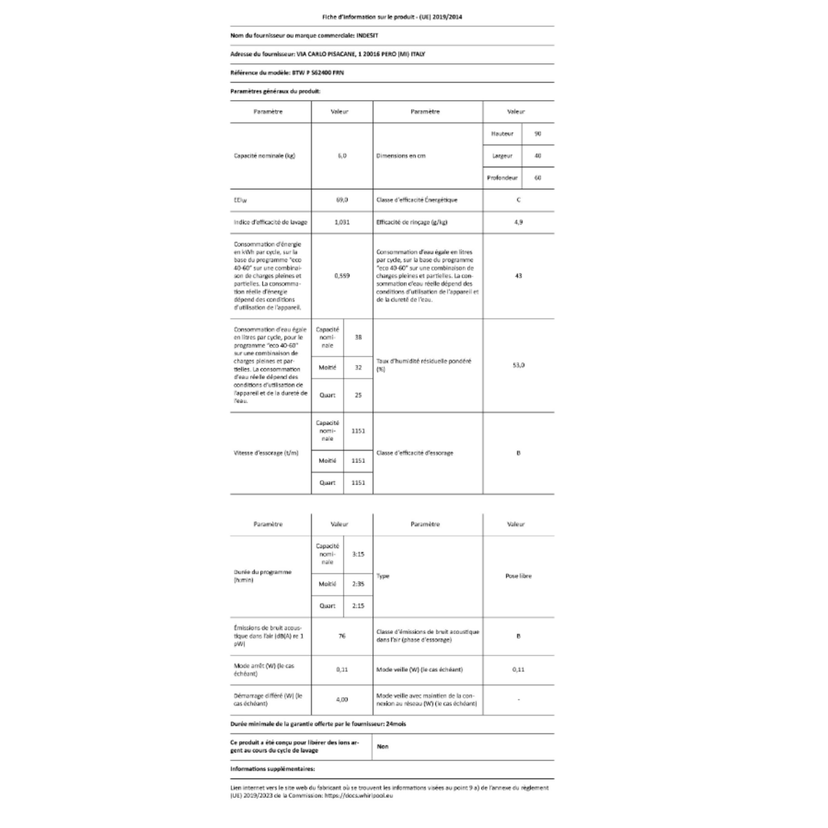 Indesit Lave-linge top 6kg 1200 tours/min - BTWPS62400FRN