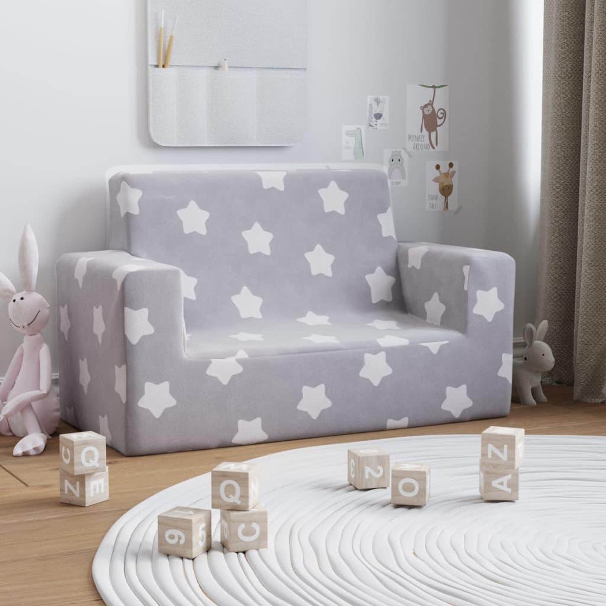 Voir la diapositive 1 : VIDAXL Canape pour enfants a 2 places Gris clair etoiles Peluche douce