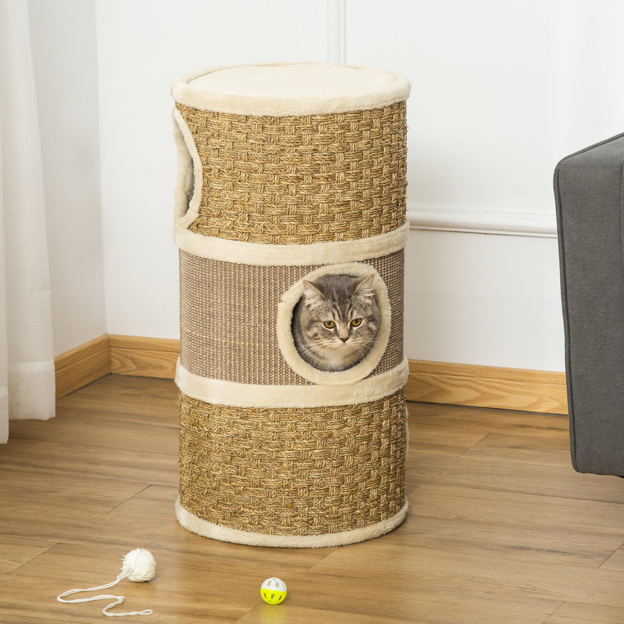 Voir la diapositive 2 : PAWHUT Arbre à chat cylindrique - tour à griffer pour chat - arbre à chat tour - tonneau griffoir - 3 niches + plateforme - sisal corde d'algues beige
