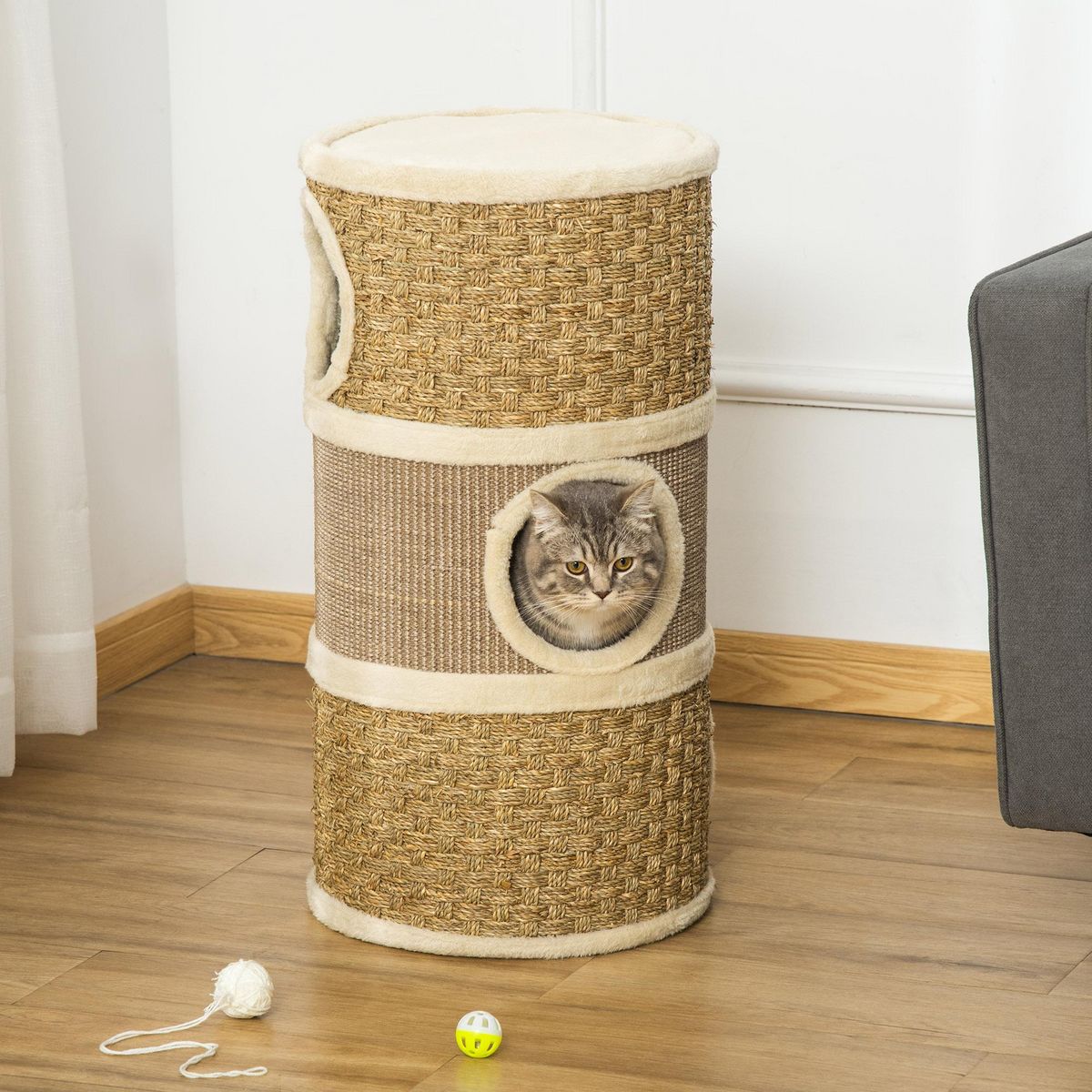 PAWHUT Arbre à chat cylindrique - tour à griffer pour chat - arbre à chat tour - Tonneau griffoir - 3 niches + plateforme - sisal corde d'algues beige