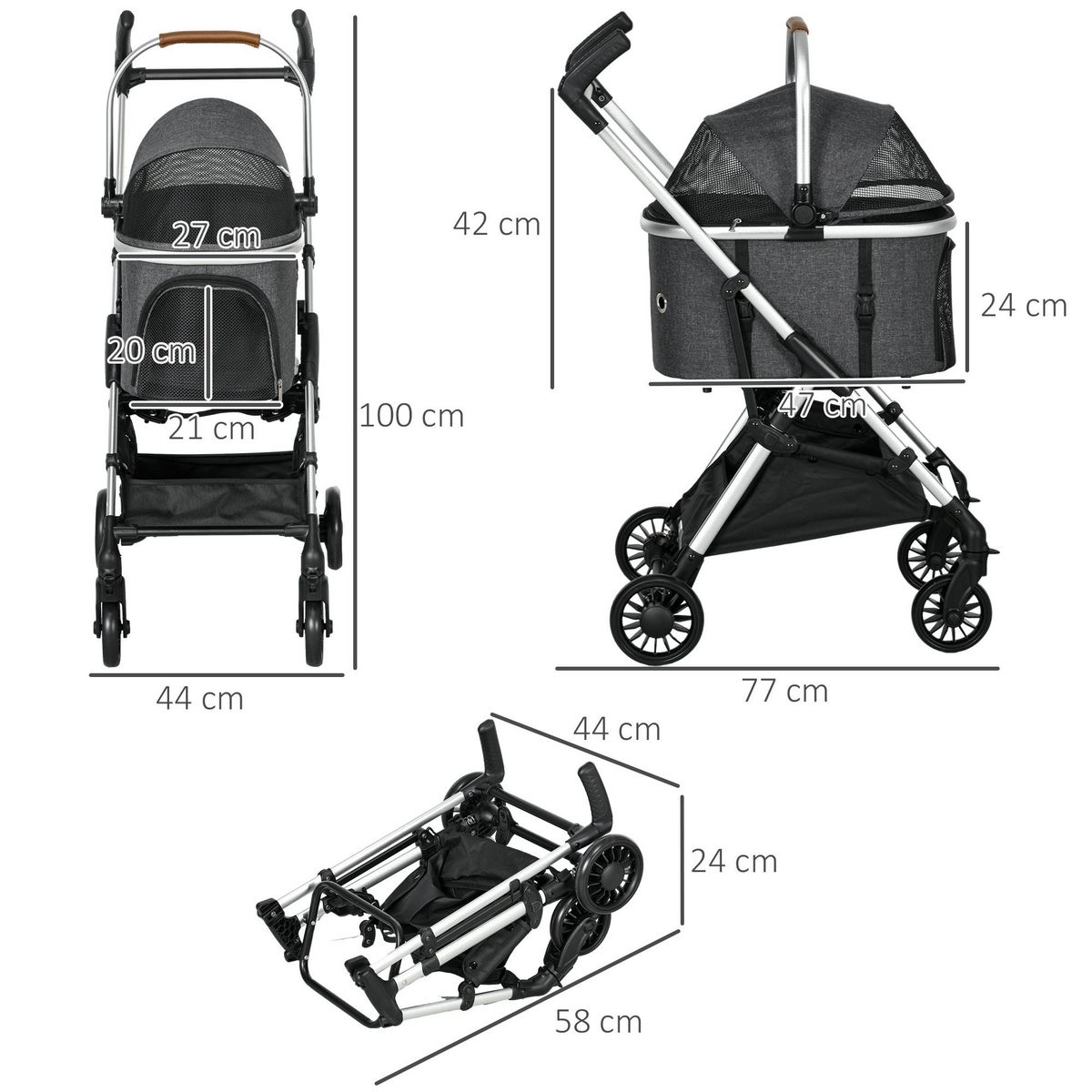 PAWHUT Poussette pour chien pliable nacelle 2 en 1 - habillage pluie, panier, poignée, housse réglable - alu oxford gris