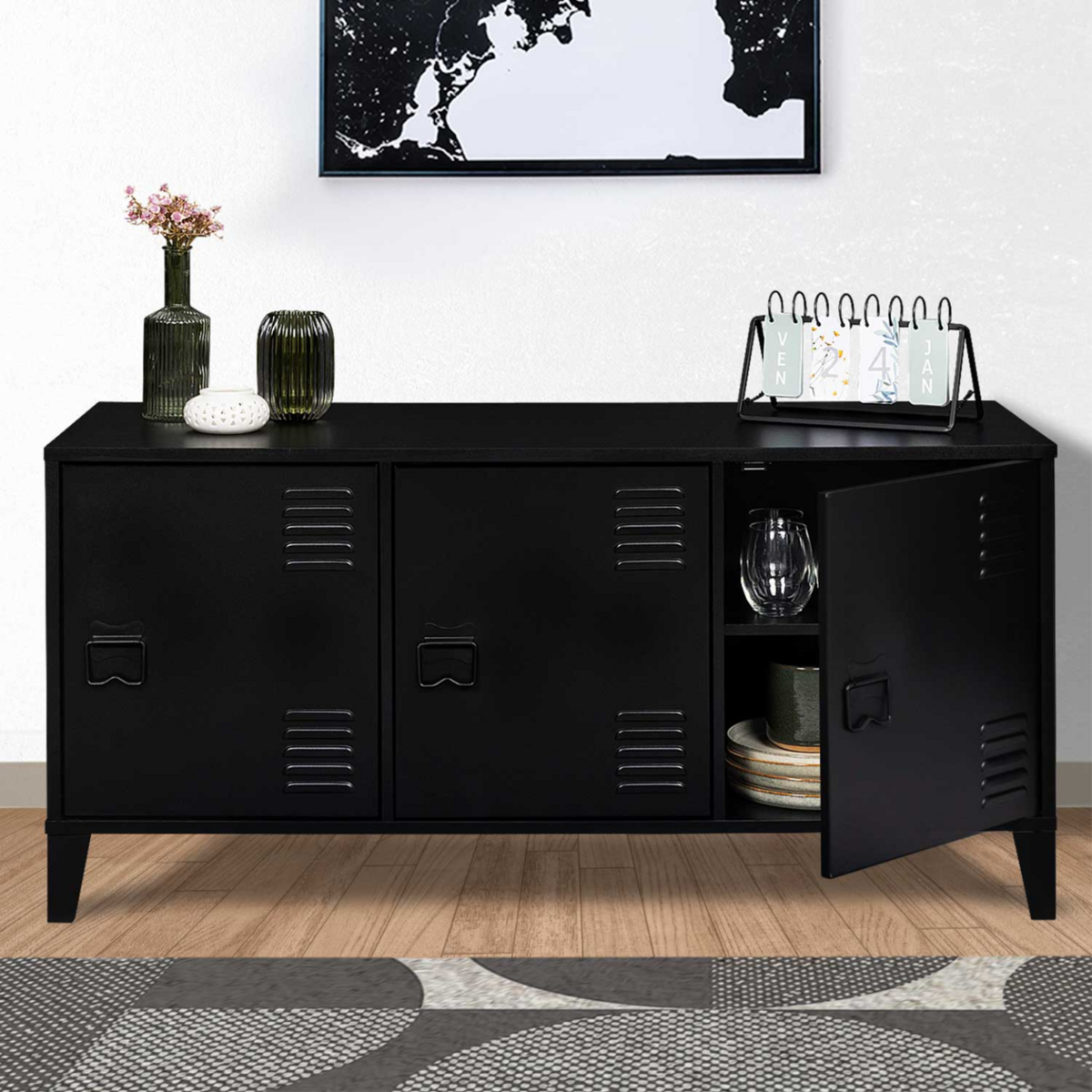 ID MARKET Buffet bas 113 cm ESTER 3 portes métal noir design industriel