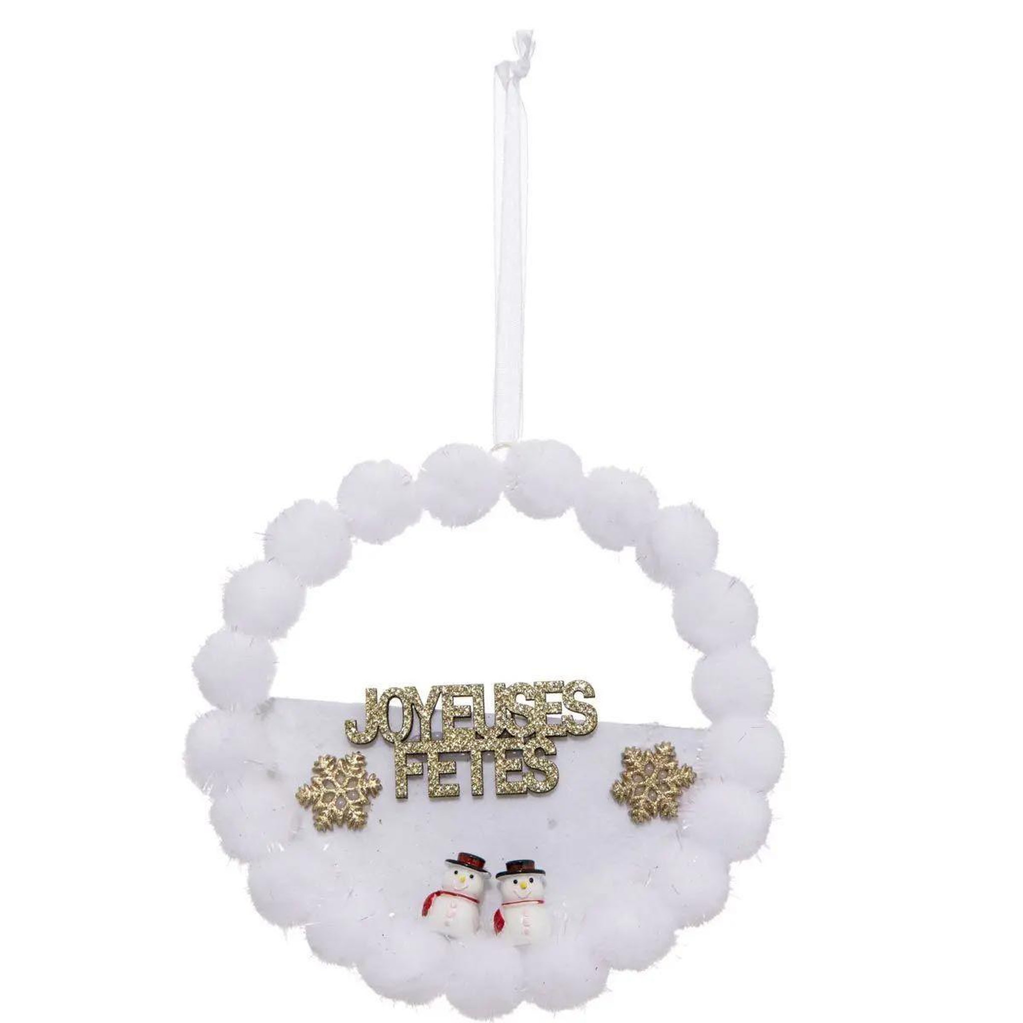 ATMOSPHERA Sujet de noël  couronne pompons  14cm blanc