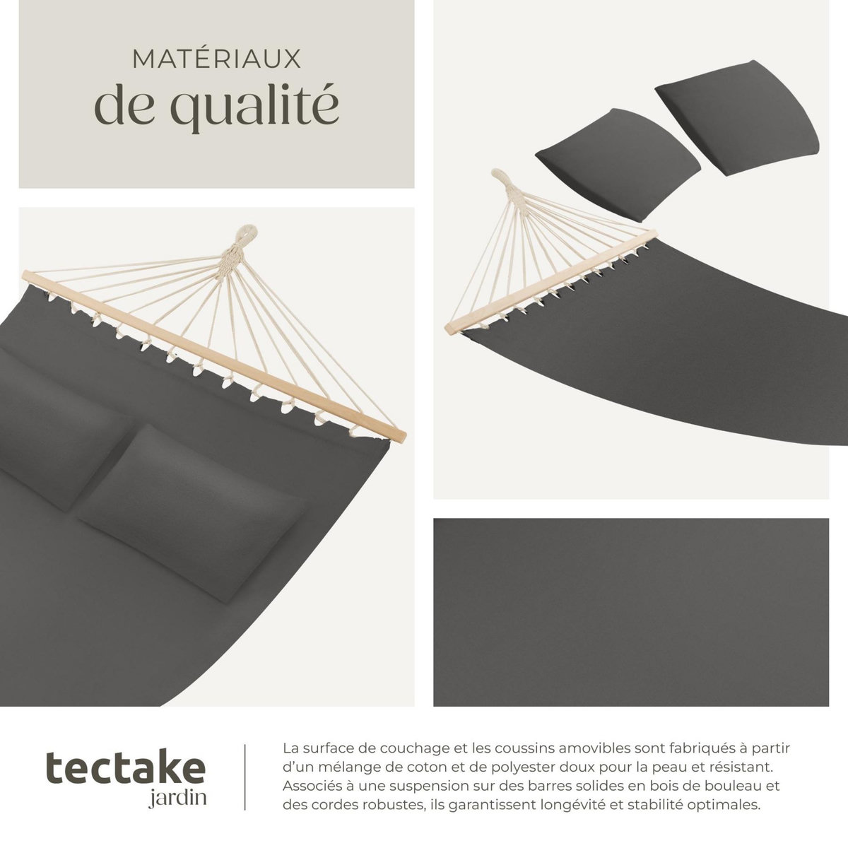 tectake Hamac avec barres d'expansion pour 2 personnes gris foncé