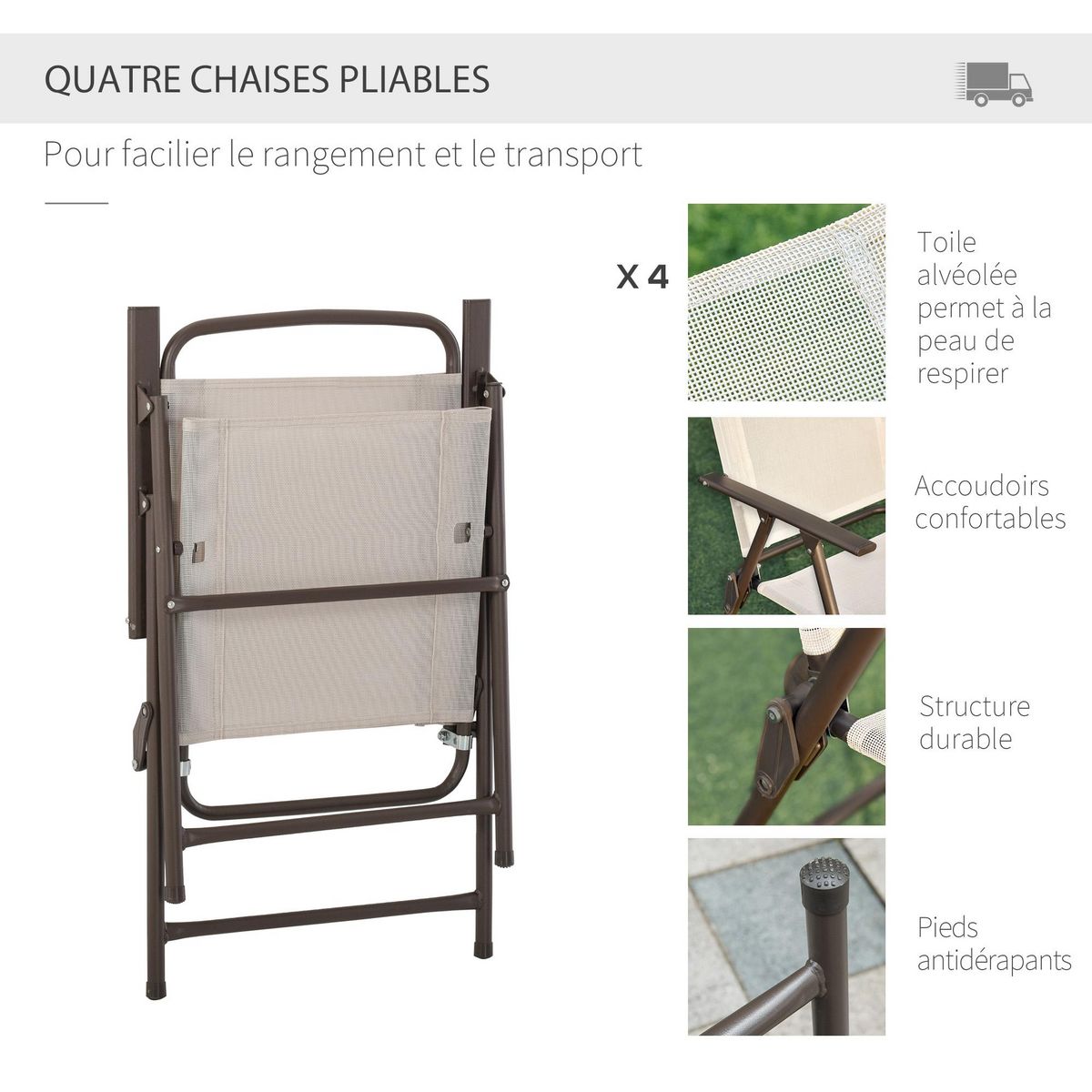 OUTSUNNY Ensemble salon de jardin 6 pcs - table ronde + 4 chaises pliables + parasol - acier époxy café textilène polyester beige