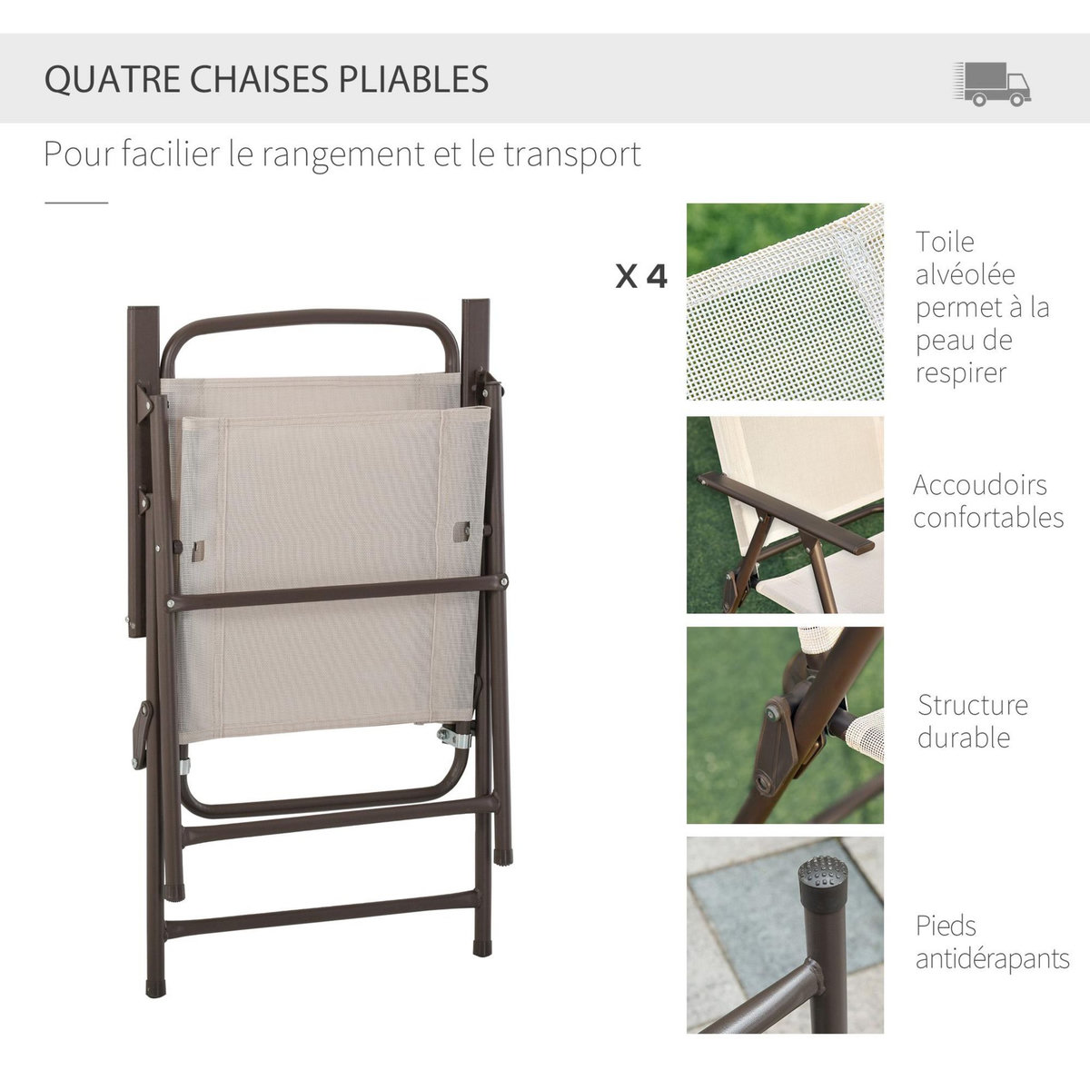 OUTSUNNY Ensemble salon de jardin 6 pcs - table ronde + 4 chaises pliables + parasol - acier époxy café textilène polyester beige