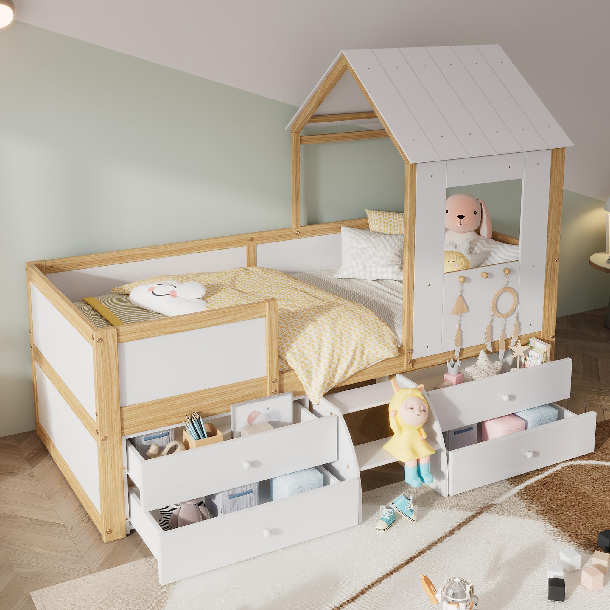 Voir la diapositive 5 : MERAX Lit enfant mi hauteur 90x200cm coloris blanc+naturel pin