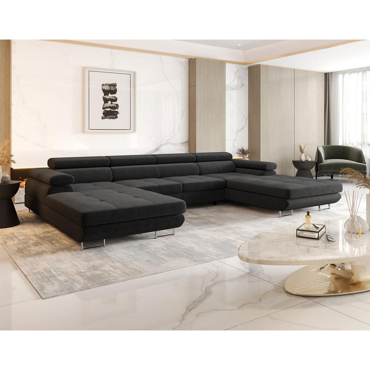 BEST MOBILIER Ayden - canapé panoramique en u 7 places convertible avec coffre et têtières réglables en tissu