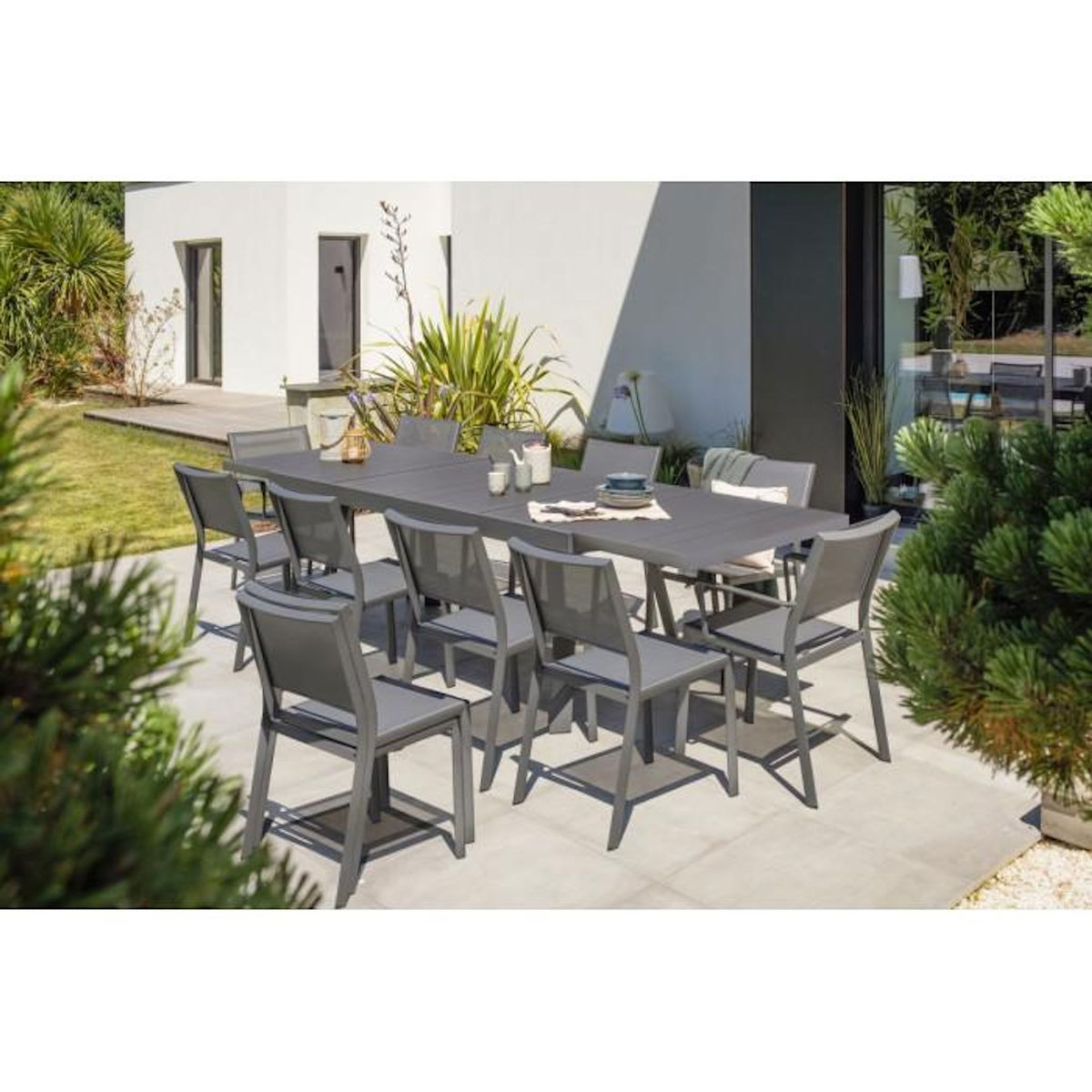 Paris Prix Ensemble Table de Jardin 10 Chaises & 2 Fauteuils  Stockholm  200-300cm Gris Anthracite