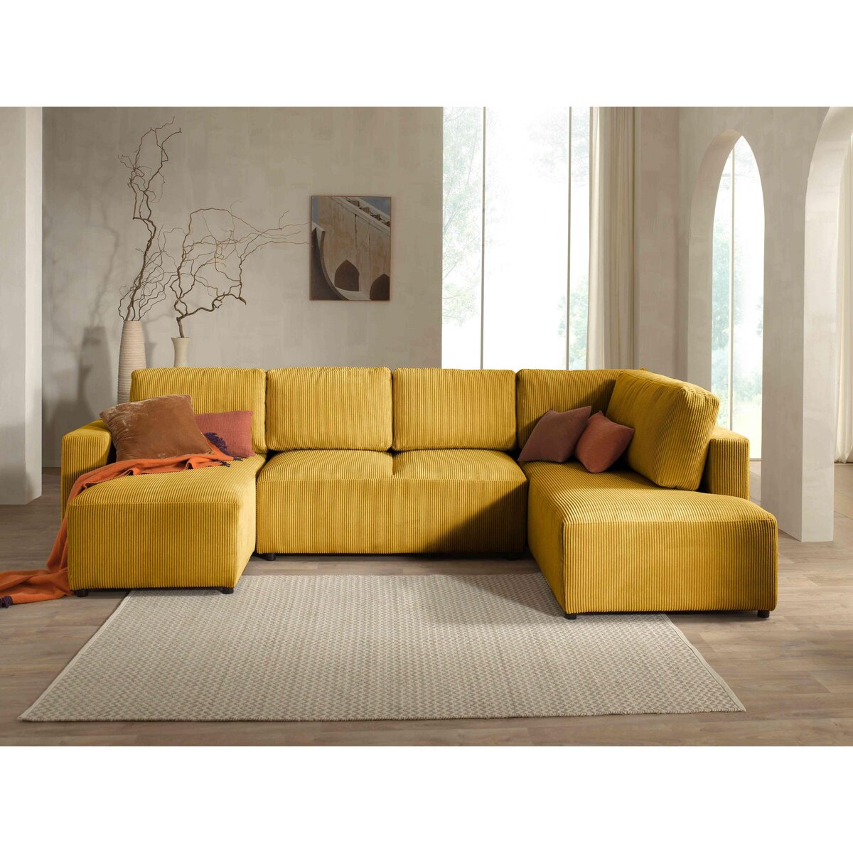 LISA DESIGN Livy - canapé panoramique convertible - avec coffre - en velours côtelé - 7 places - droit