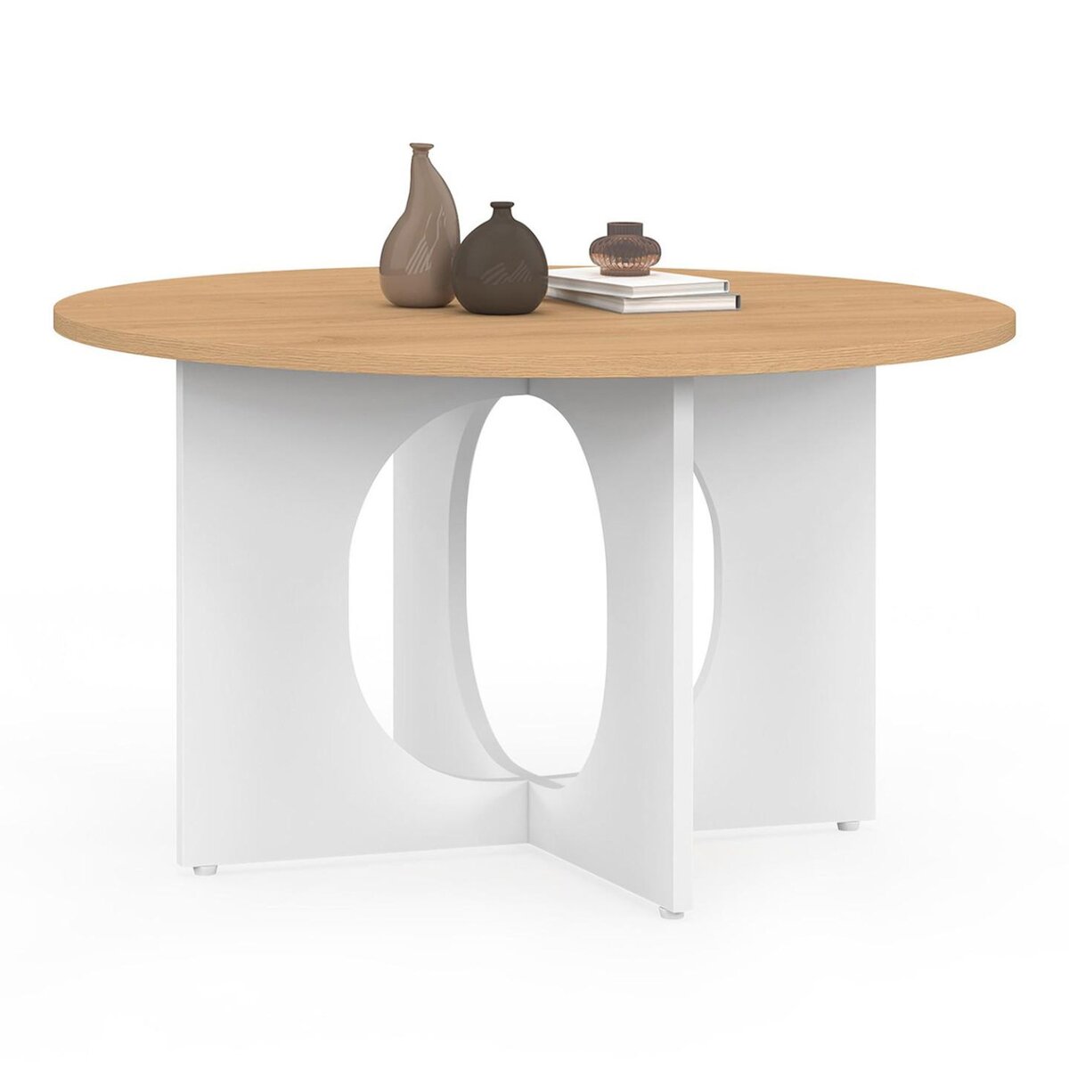 ID MARKET Table basse ronde ALOISE pied arc bois et blanc 70 cm