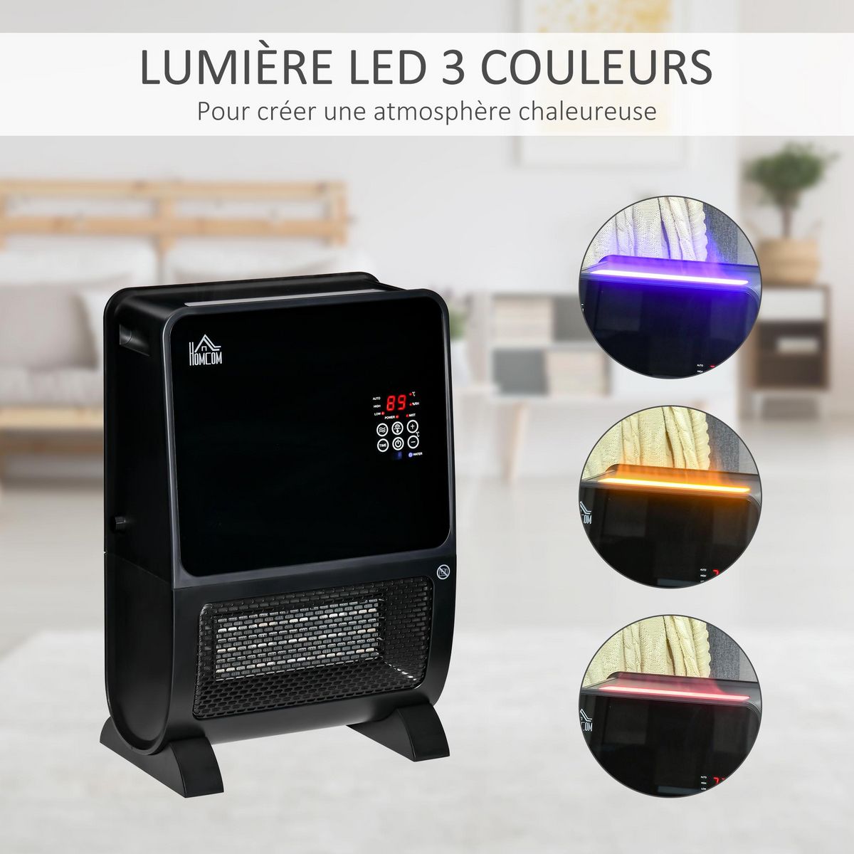 HOMCOM HOMCOM Chauffage humidificateur 2 en 1 avec éclairage LED 3 couleurs - chauffage soufflant 2000 W céramique PTC - 3 modes, timer - télécommande incluse - ABS noir