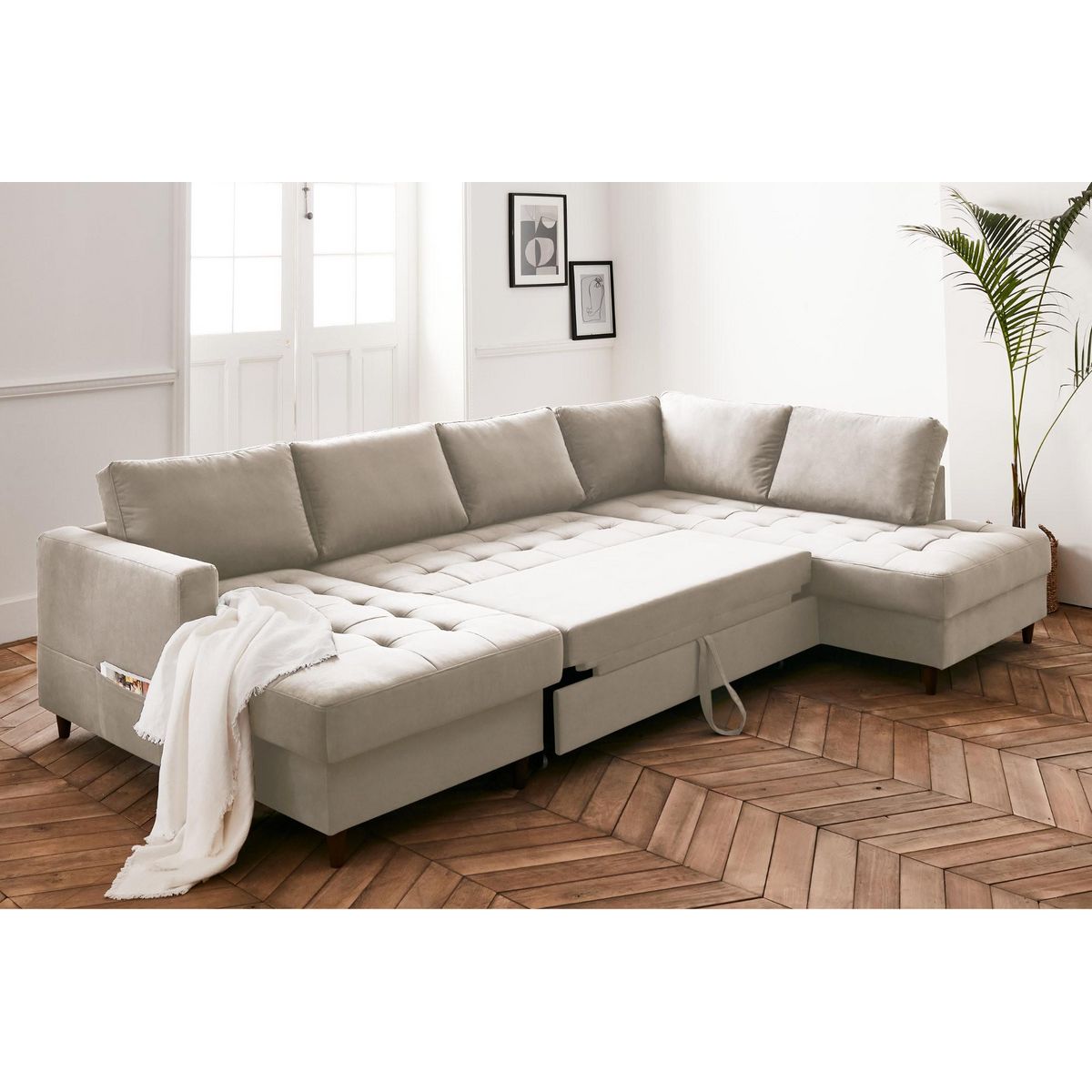 LISA DESIGN Anna - canapé panoramique d'angle droit - 7 places - convertible avec coffre - en velours