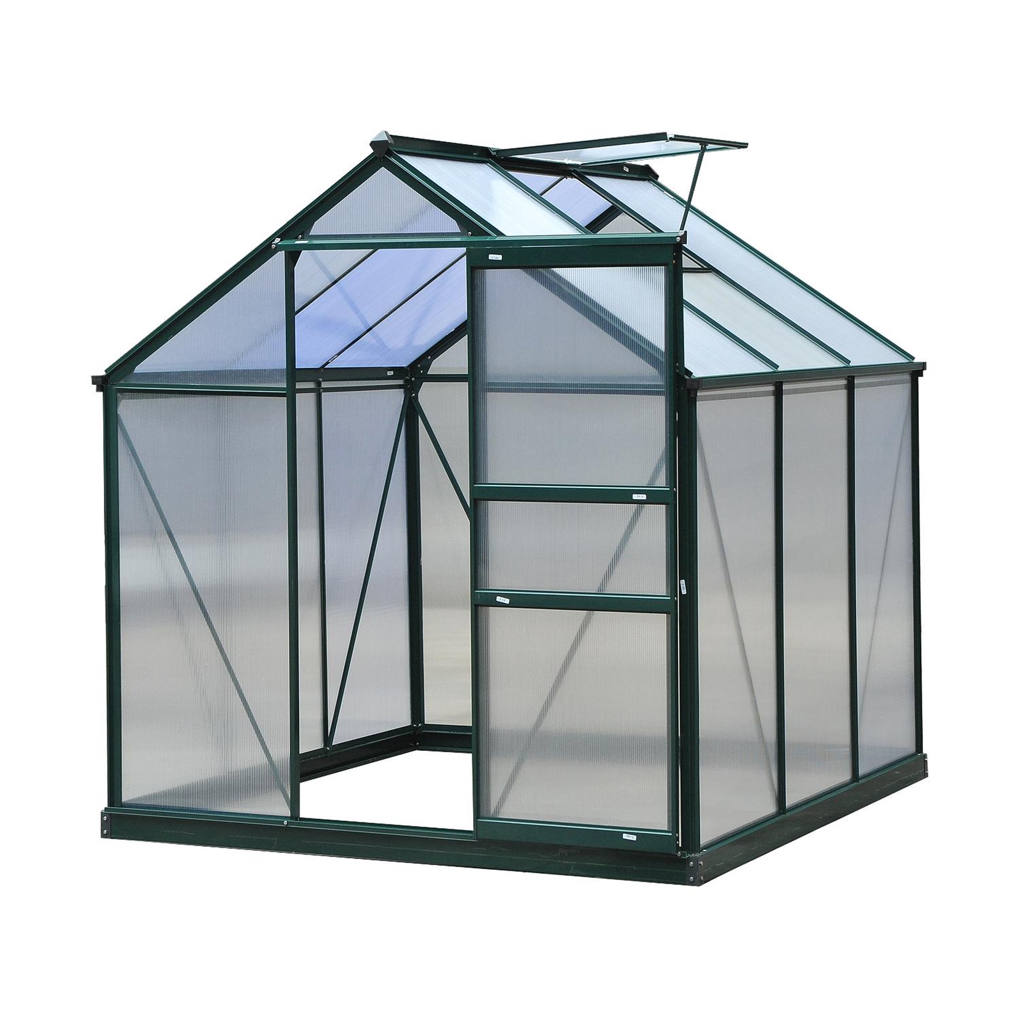 Voir la diapositive 4 : OUTSUNNY Serre de jardin aluminium polycarbonate 3,65 m² dim. 1,9l x 1,92l x 2,01h m lucarne, porte coulissante + fondation incluse alu. Vert polycarbonate transparent