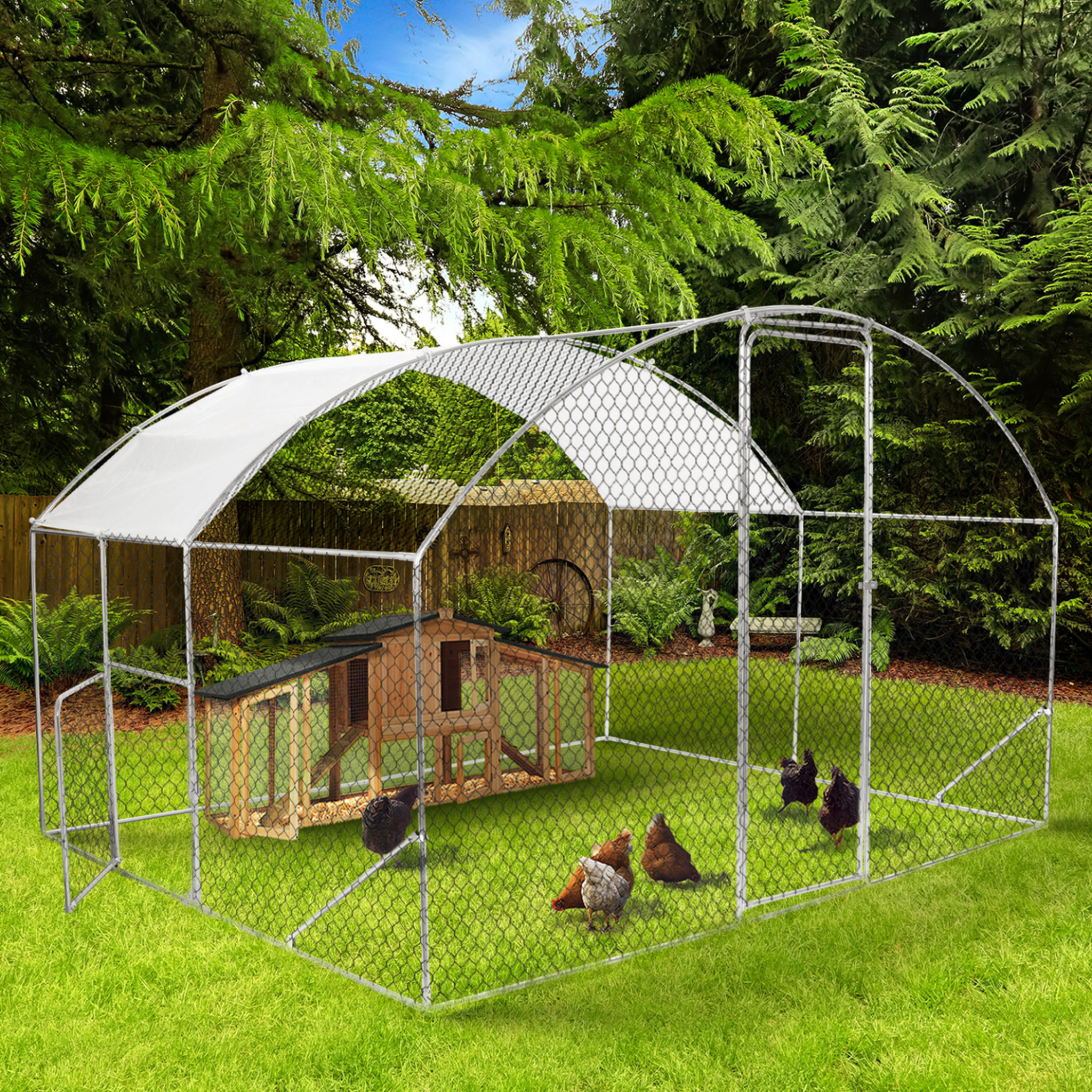 Voir la diapositive 2 : ID MARKET Enclos poulailler dôme 7,5 m² parc grillagé 3x2,5 m avec porte latérale
