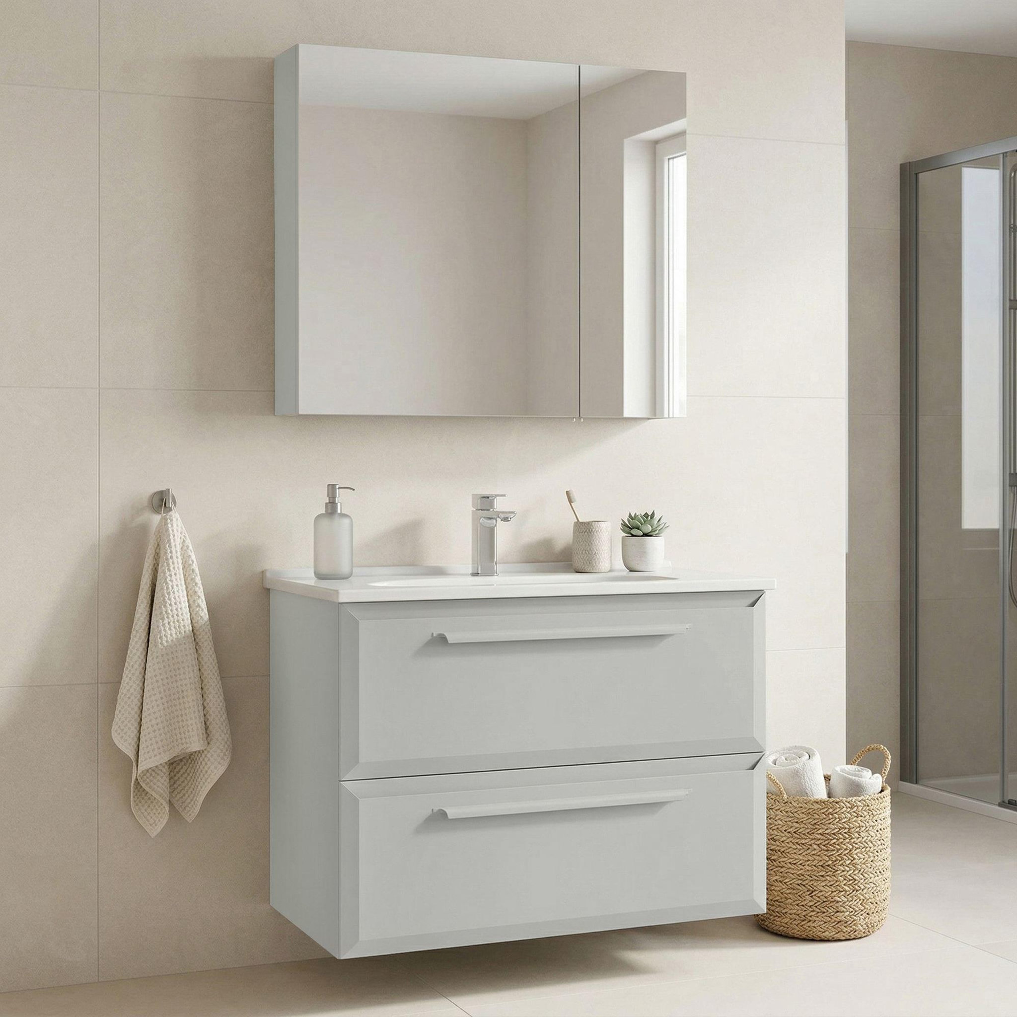 Voir la diapositive 2 : Habitat et Jardin Meuble avec simple vasque et miroir  Nuvola 80 v2  - 80 x 50 x 62 cm - Cashmere