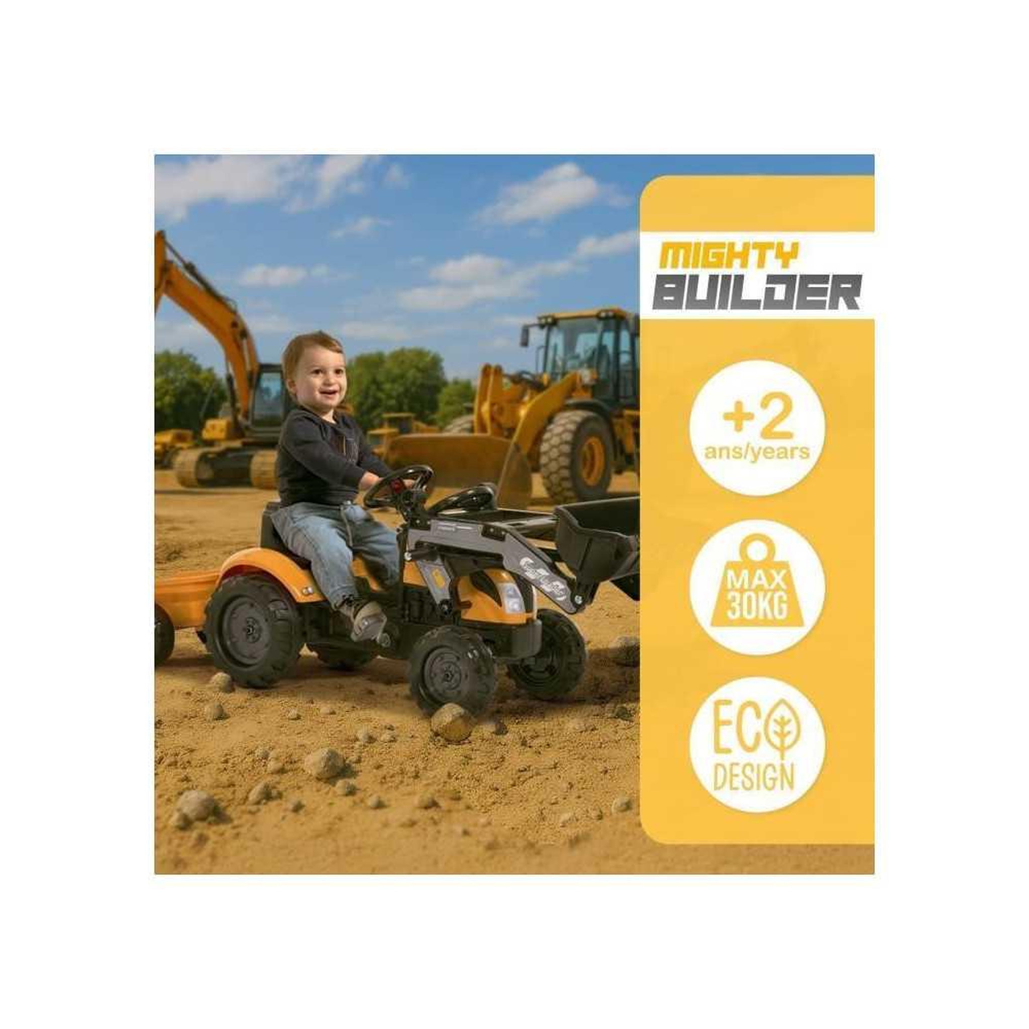 Voir la diapositive 4 : FALK Tractopelle a pédales Mighty Builder - FALK - Avec remorque - Jaune - 100% Fabriqué en France - 50% de plastique recyclé - De