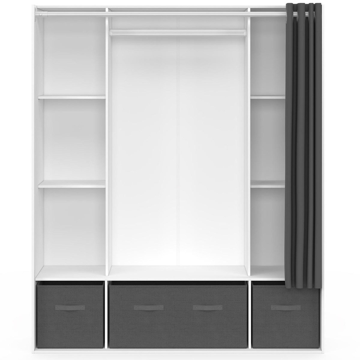 ID MARKET Dressing double penderie DIANE 140 x 45 x 167 cm blanc avec étagères + boites de rangement + rideau gris