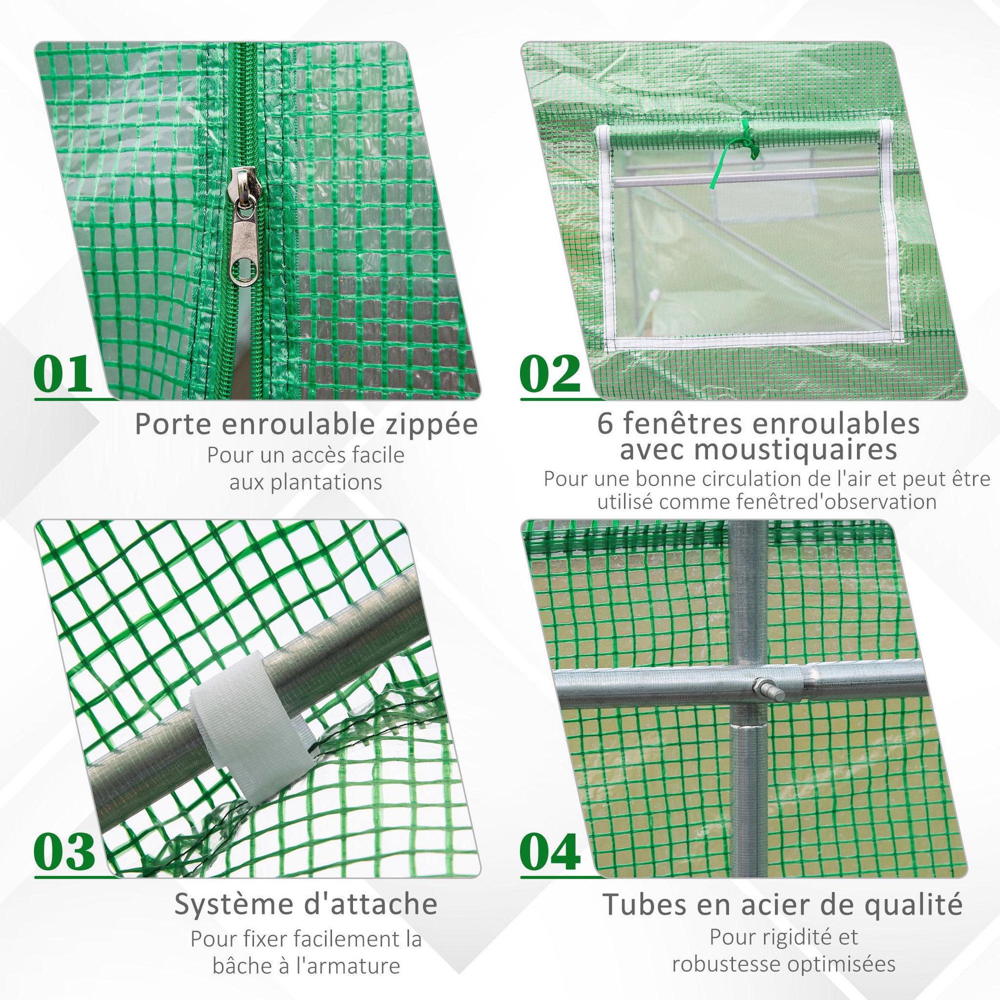Voir la diapositive 5 : OUTSUNNY Serre de jardin tunnel 4,5l x 2l x 2h m châssis tubulaire acier galvanisé renforcé 1,8 cm 6 fenêtres 1 porte vert