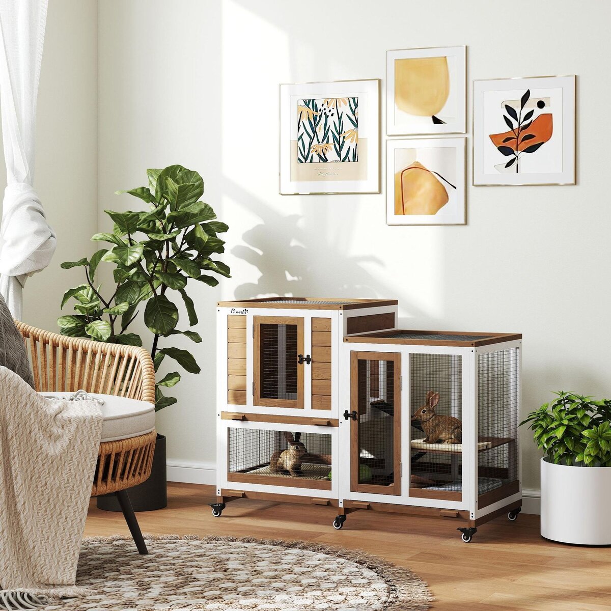 PAWHUT Clapier à lapin sur roulettes cage à lapin 3 niveaux 2 portes verrouillables 3 plateaux coulissants rampes bois sapin acier marron blanc