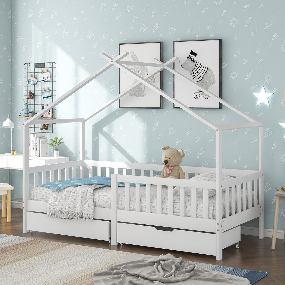 MERAX Lit cabane enfant 90x200cm pin coloris blanc