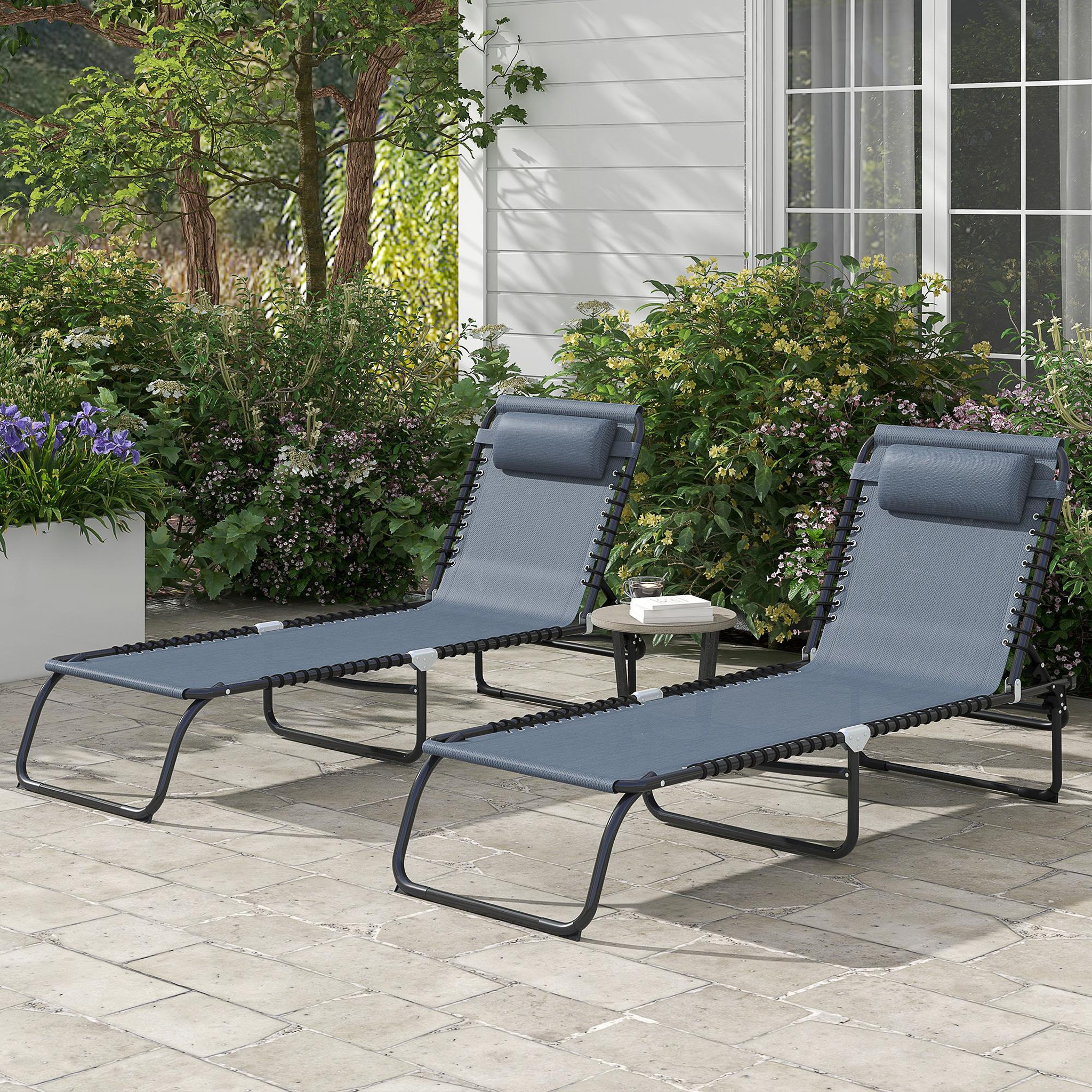 Voir la diapositive 2 : OUTSUNNY Lot de 2 bains de soleil transats pliables inclinables acier lacets élastiques noir textilène gris