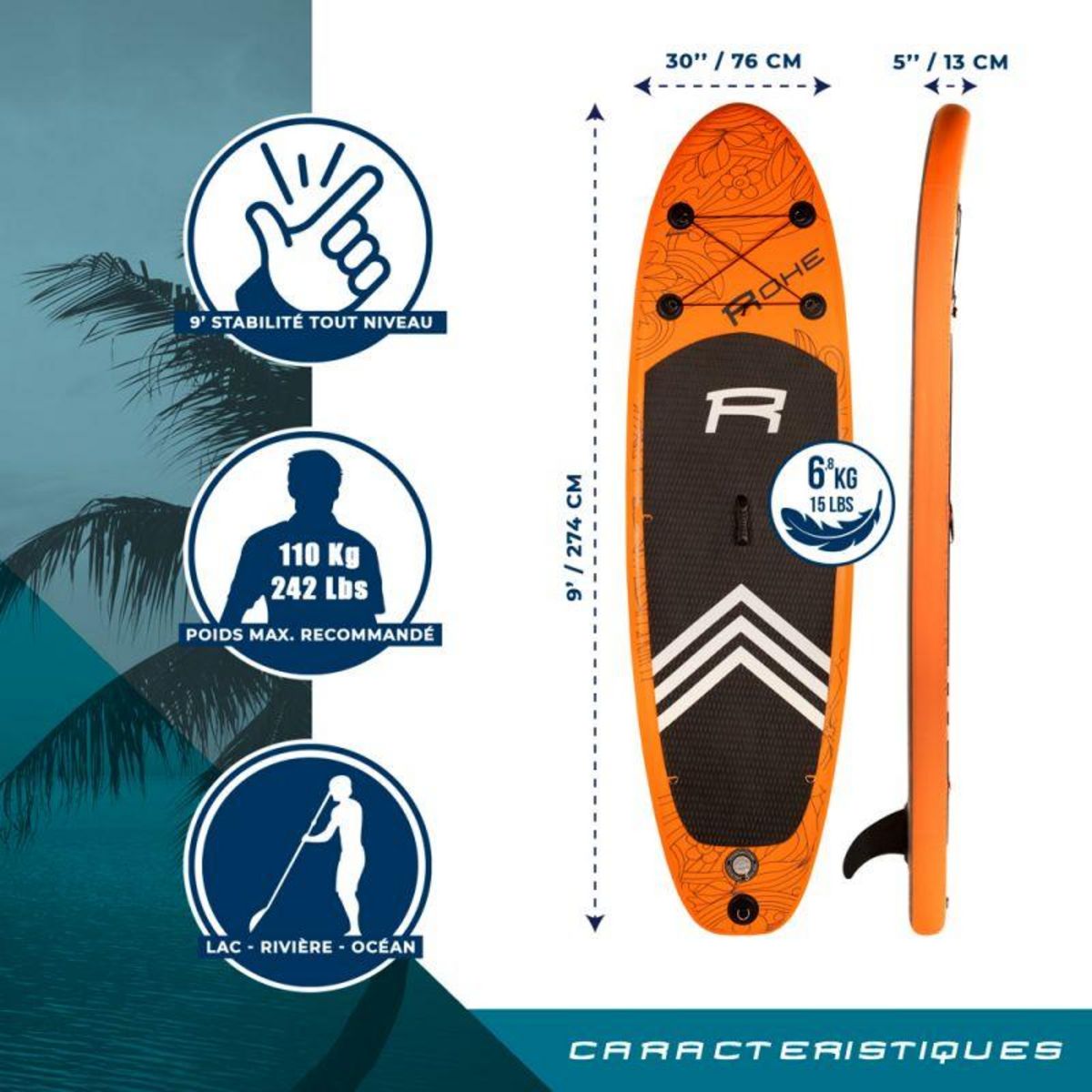 ROHE Stand Up Paddle gonflable HAVANE2 ROHE 9' (274cm) 30'' (76cm) 5'' (13cm) avec Pompe, Pagaie, Dérive, Leash et Sac de transport