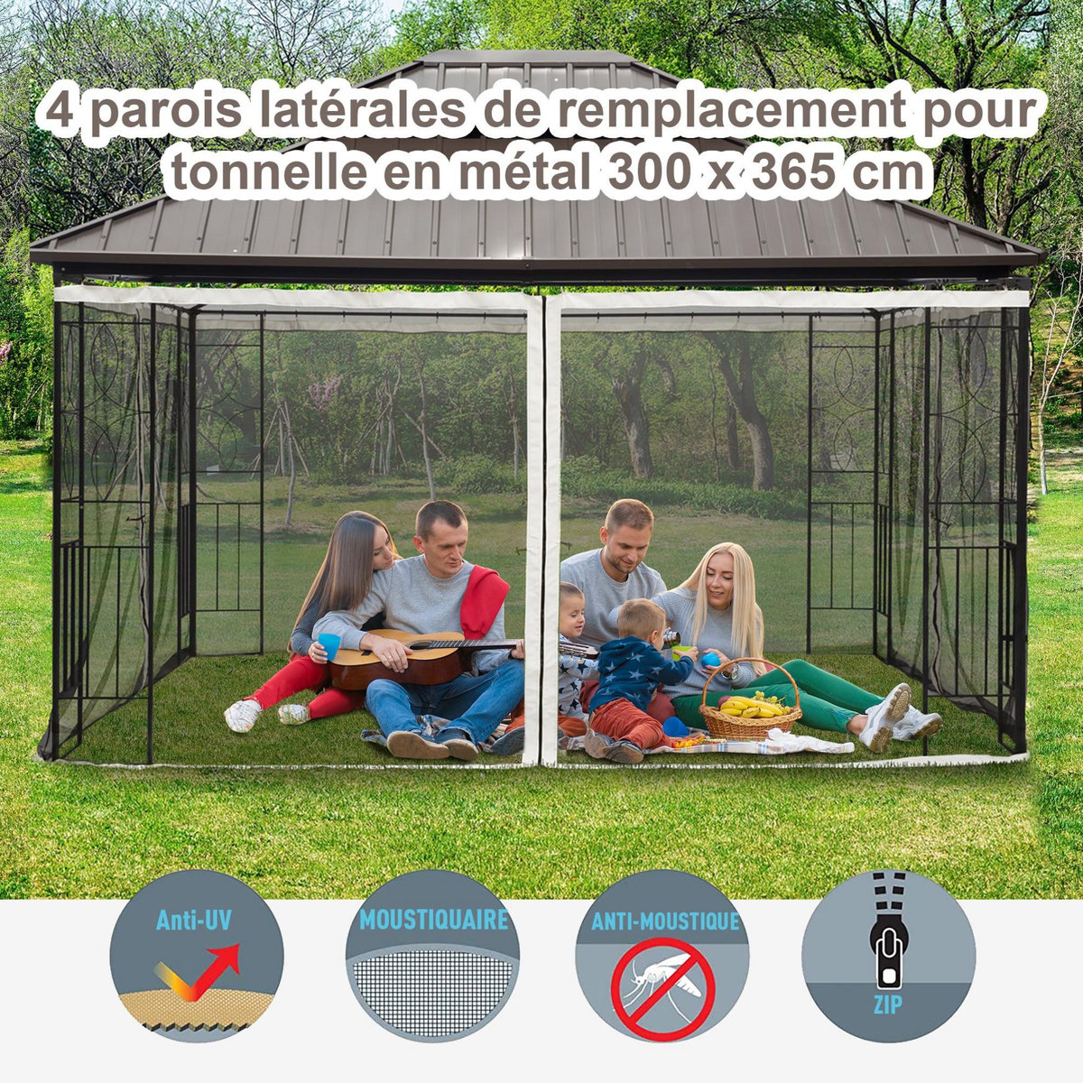 OUTSUNNY Moustiquaires pour tonnelle barnum pavillon de jardin 3 x 3,65 m - lot de 4 moustiquaires zippées + crochets d'attaches - polyester nylon