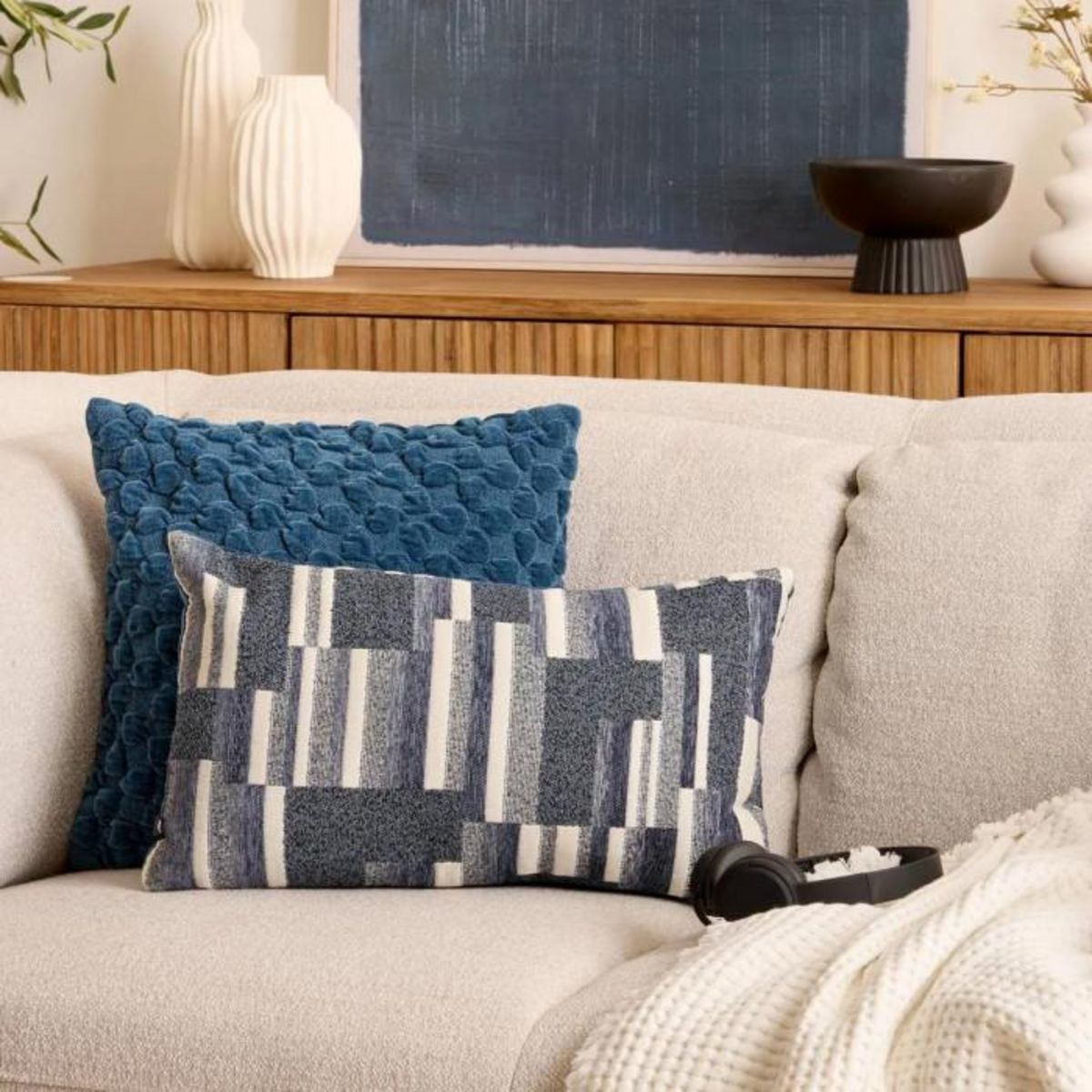 ATMOSPHERA Coussin Déco en Jacquard Chenillé  Calix  30x50cm Bleu Encre