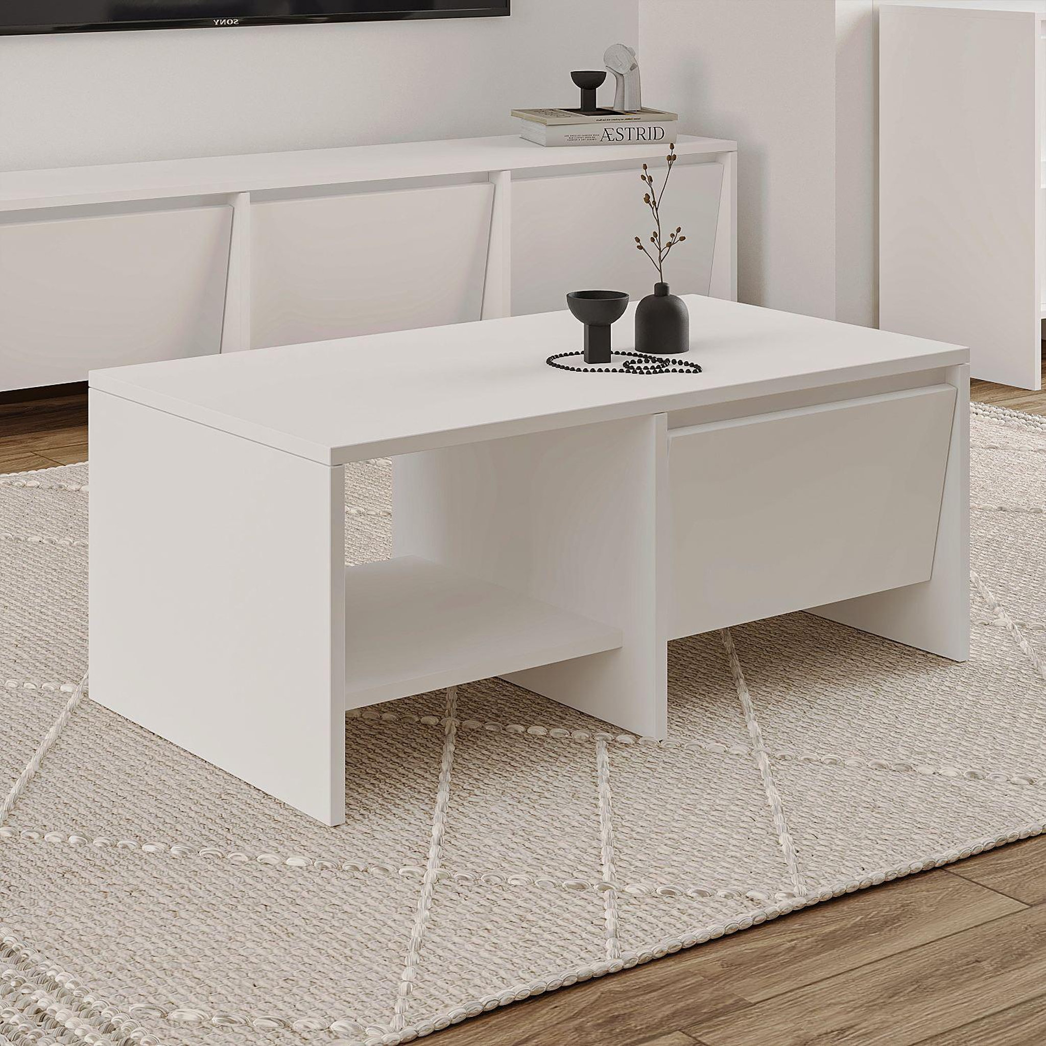 Voir la diapositive 4 : Habitat et Jardin Table basse en bois  laris  - 90 x 45 x 35 cm - blanc