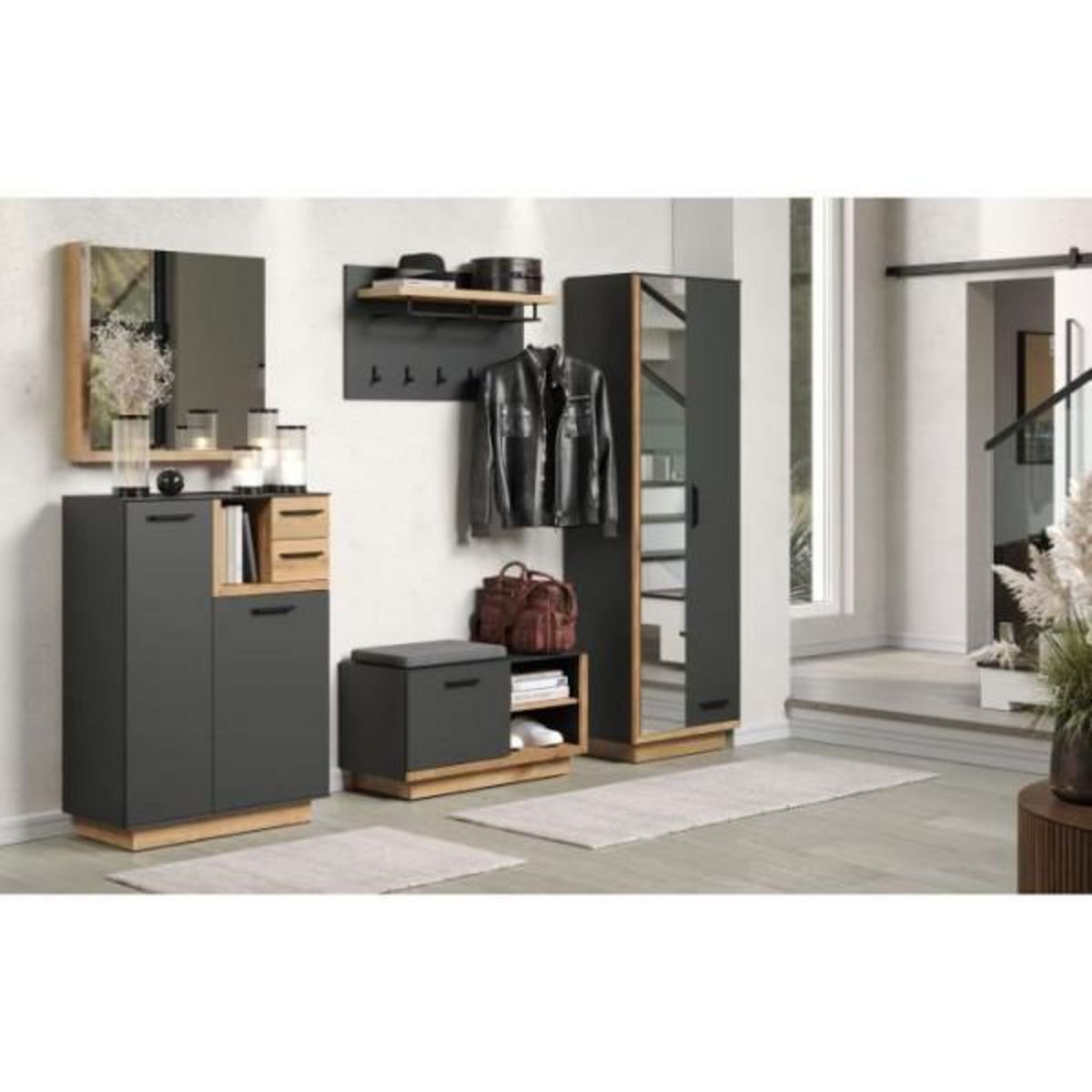 Trendteam Armoire de chambre SYNNAX - 2 Portes + 1 tiroir - Décor gris anthracite et chene miel - L65 x P40 x H198 cm - TRENDTEAM