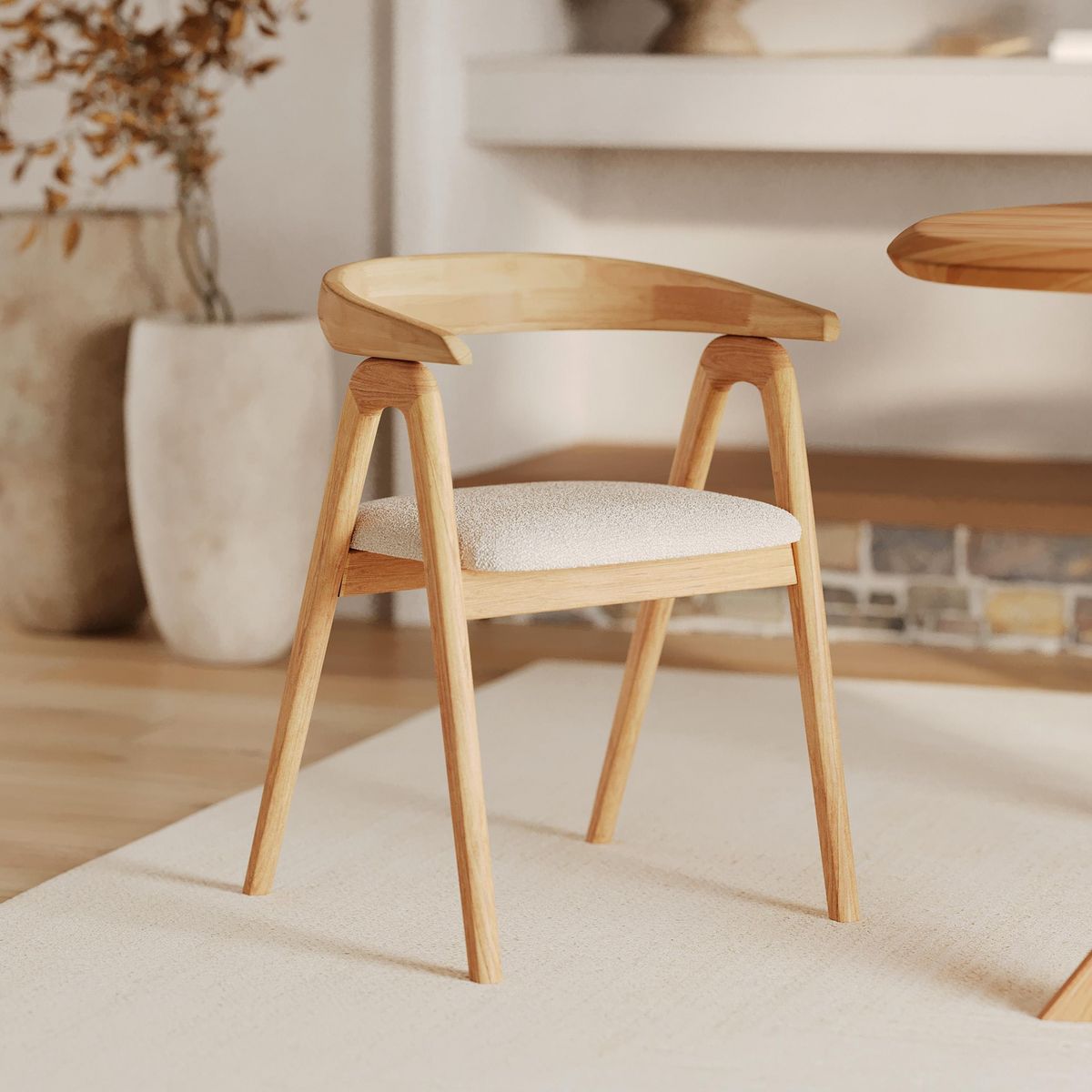Rendez vous déco Chaise en bois d'hévéa foncé et tissu bouclé crème - Hawa