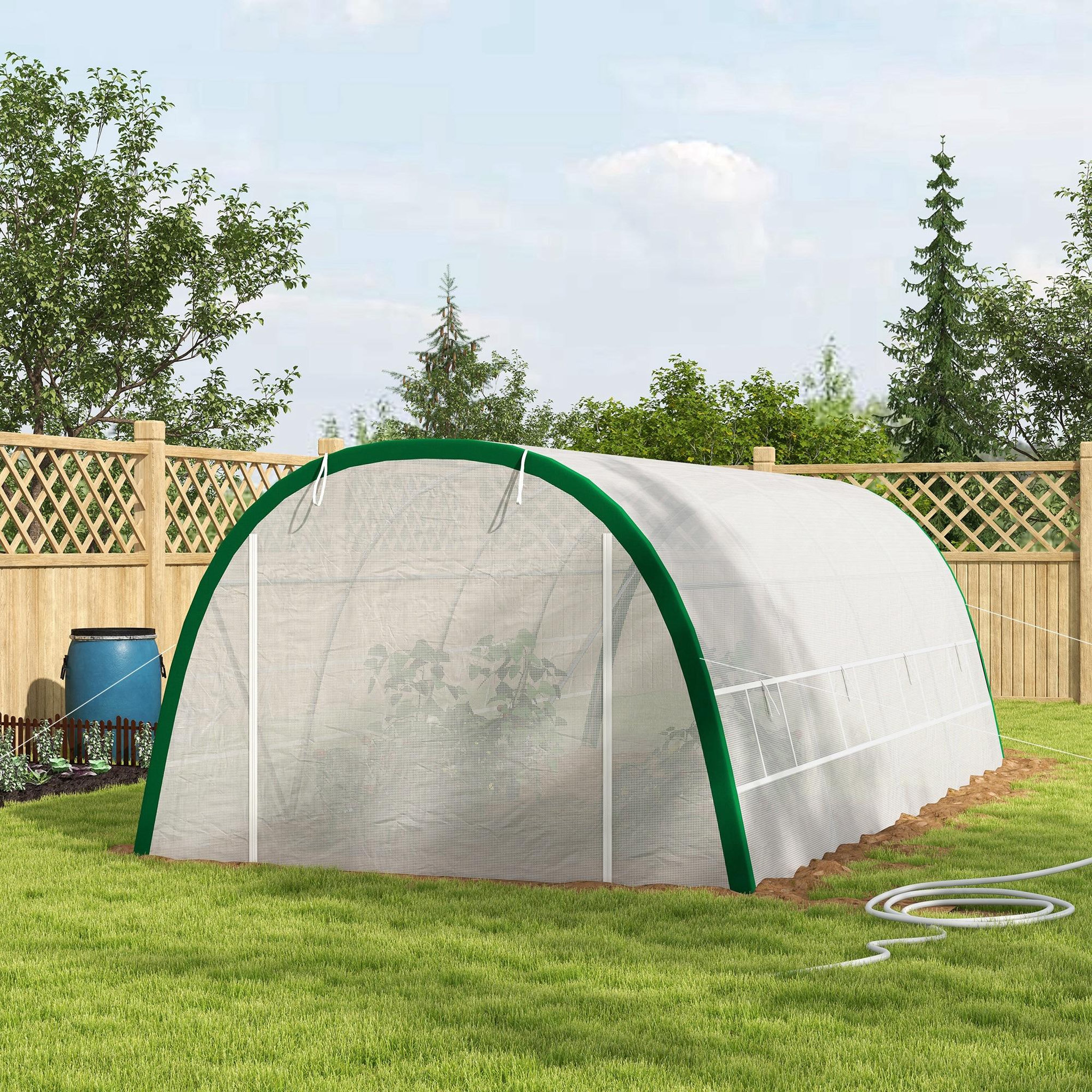 Voir la diapositive 2 : OUTSUNNY Serre de jardin tunnel surface sol 18 m² châssis tubulaire acier galvanisé renforcé 24 mm 8 fenêtres pe maillé blanc vert