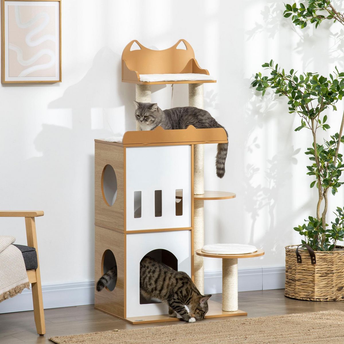 PAWHUT Arbre à chat design contemporain griffoir sisal naturel 2 niches plateformes jeu boule suspendue MDF blanc aspect hêtre clair