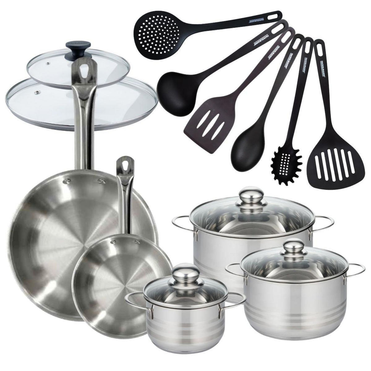 Fackelmann Set 2 poêles 20 28 cm en inox, 2 couvercles verre, 3 faitouts inox 16, 20 et 24 cm et 6 ustensiles RPET Fackelmann Eterna