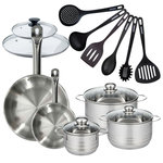 Fackelmann Set 2 poêles 20 28 cm en inox, 2 couvercles verre, 3 faitouts inox 16, 20 et 24 cm et 6 ustensiles RPET Fackelmann Eterna