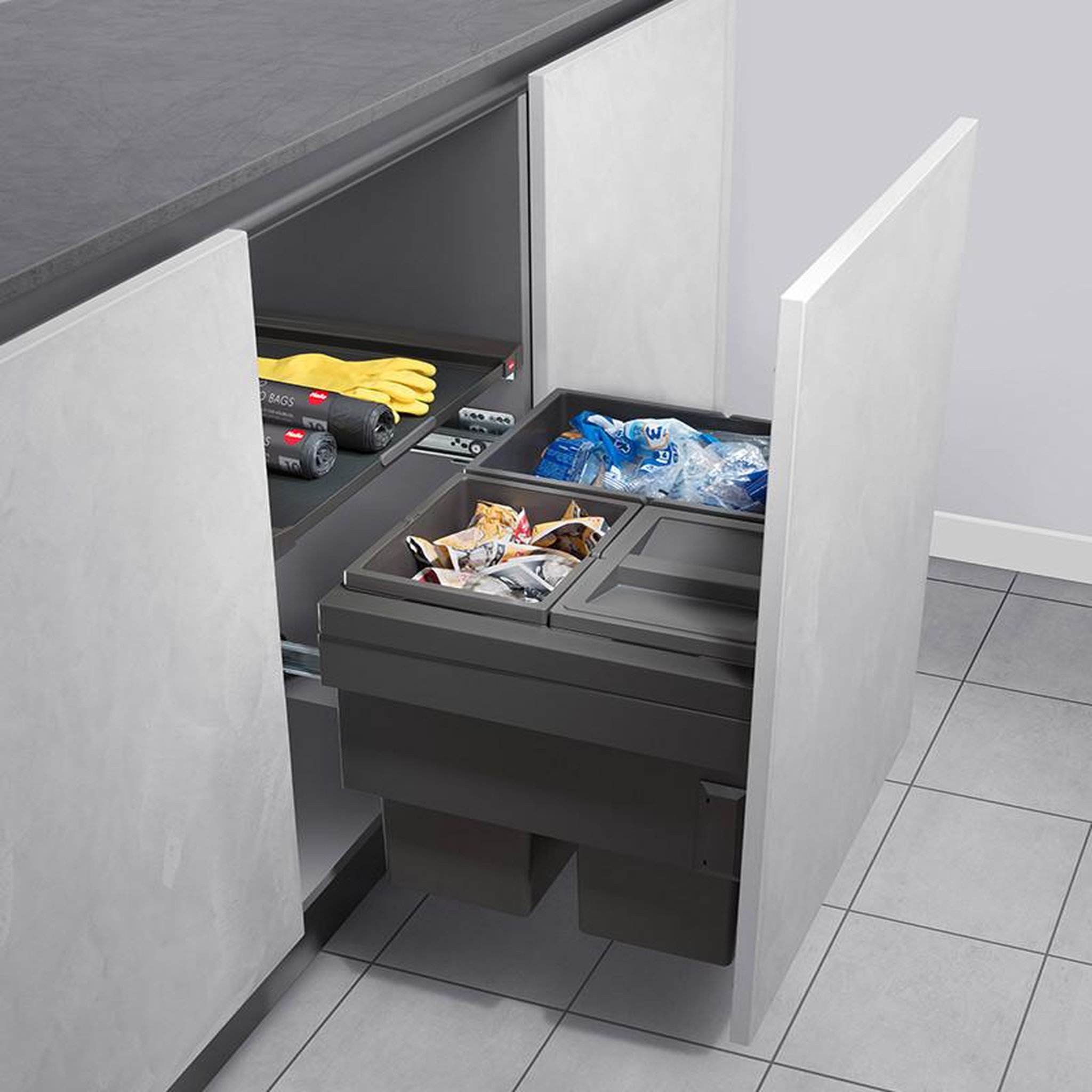 Voir la diapositive 3 : HAILO Poubelle de cuisine tri sélectif 3 bacs encastrable 54l (28+13+13) hailo cargo synchro