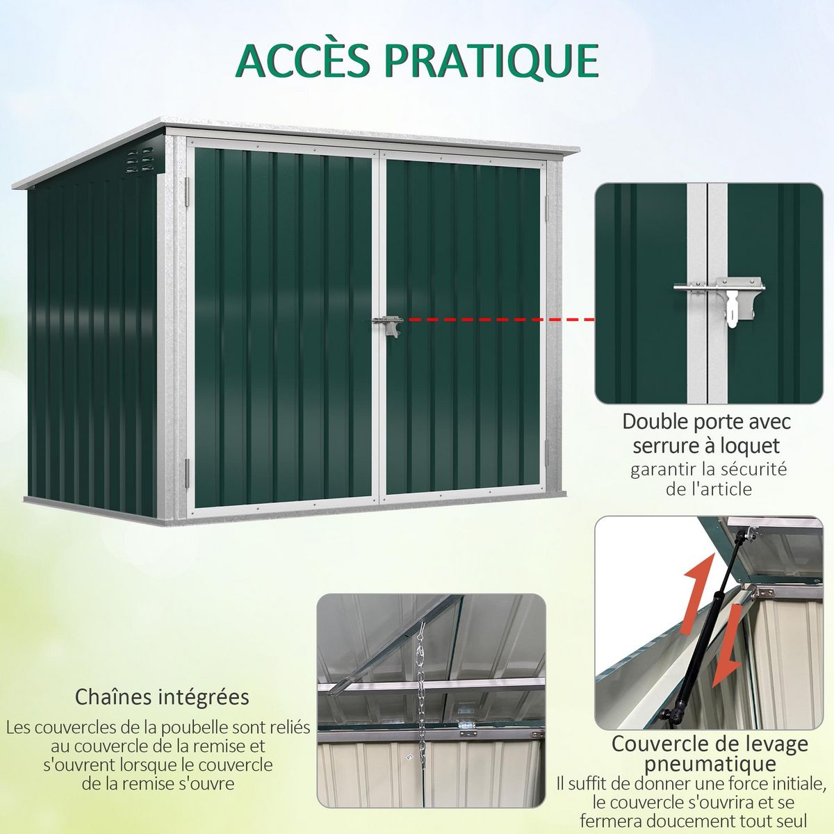 OUTSUNNY Abri de poubelle jardin - cache poubelle - 2 portes verrouillables, toit ouvrant - tôle d'acier blanc vert